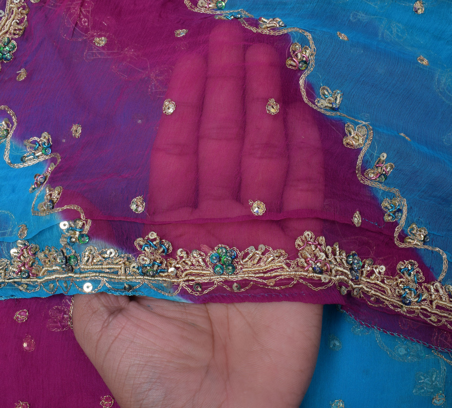 Sushila Vintage Magenta Dupatta Pure Chiffon Silk Hand Beaded Zardozi Long Stole