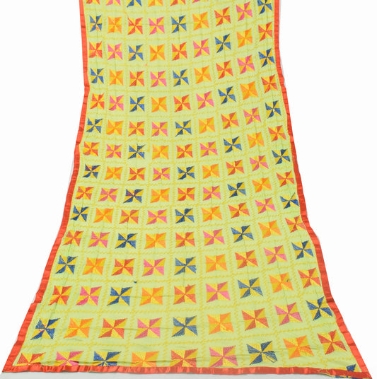 Sushila Vintage Green Dupatta Blend Chiffon Silk Embroidered Phulkari Long Stole