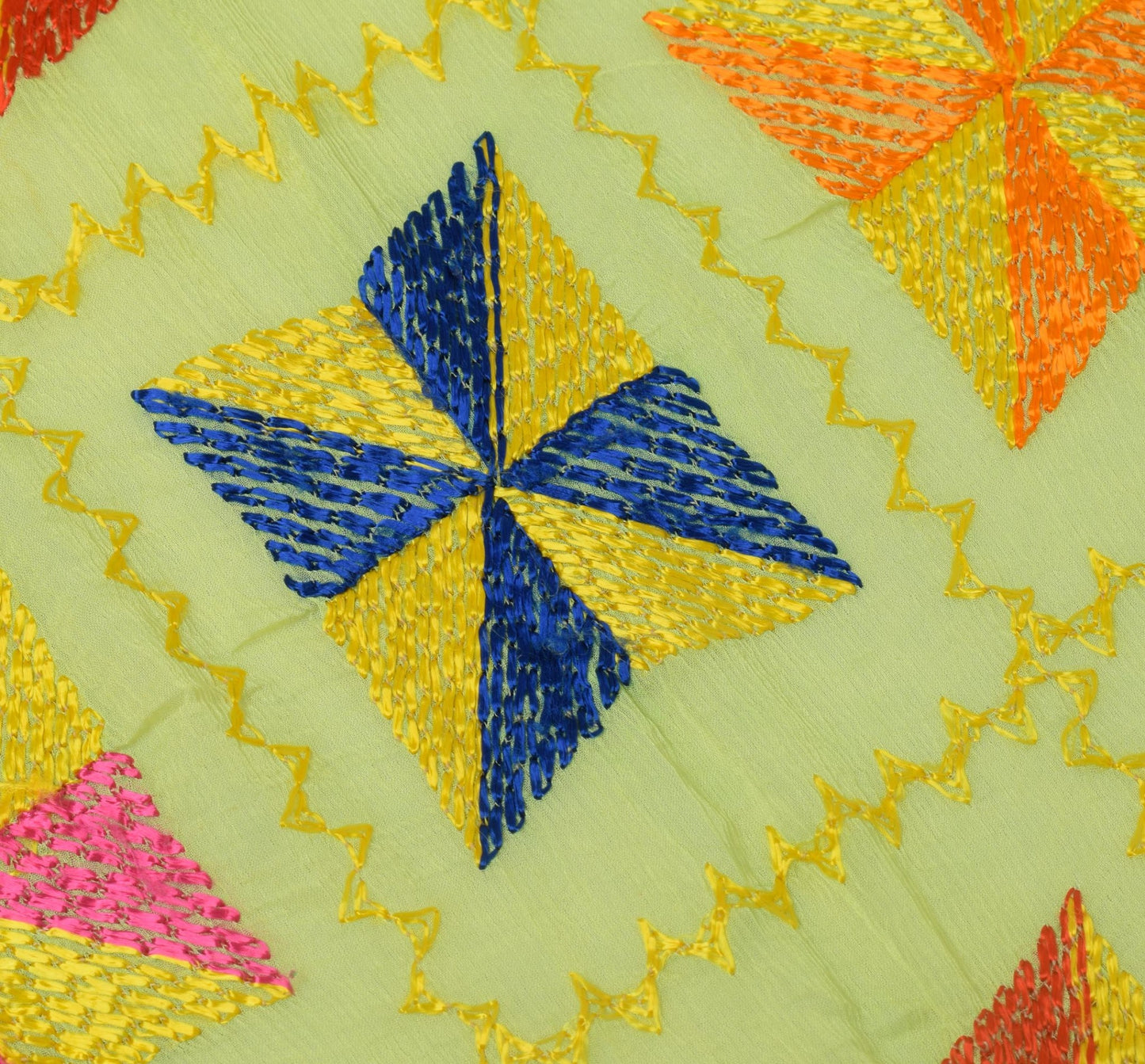 Sushila Vintage Green Dupatta Blend Chiffon Silk Embroidered Phulkari Long Stole