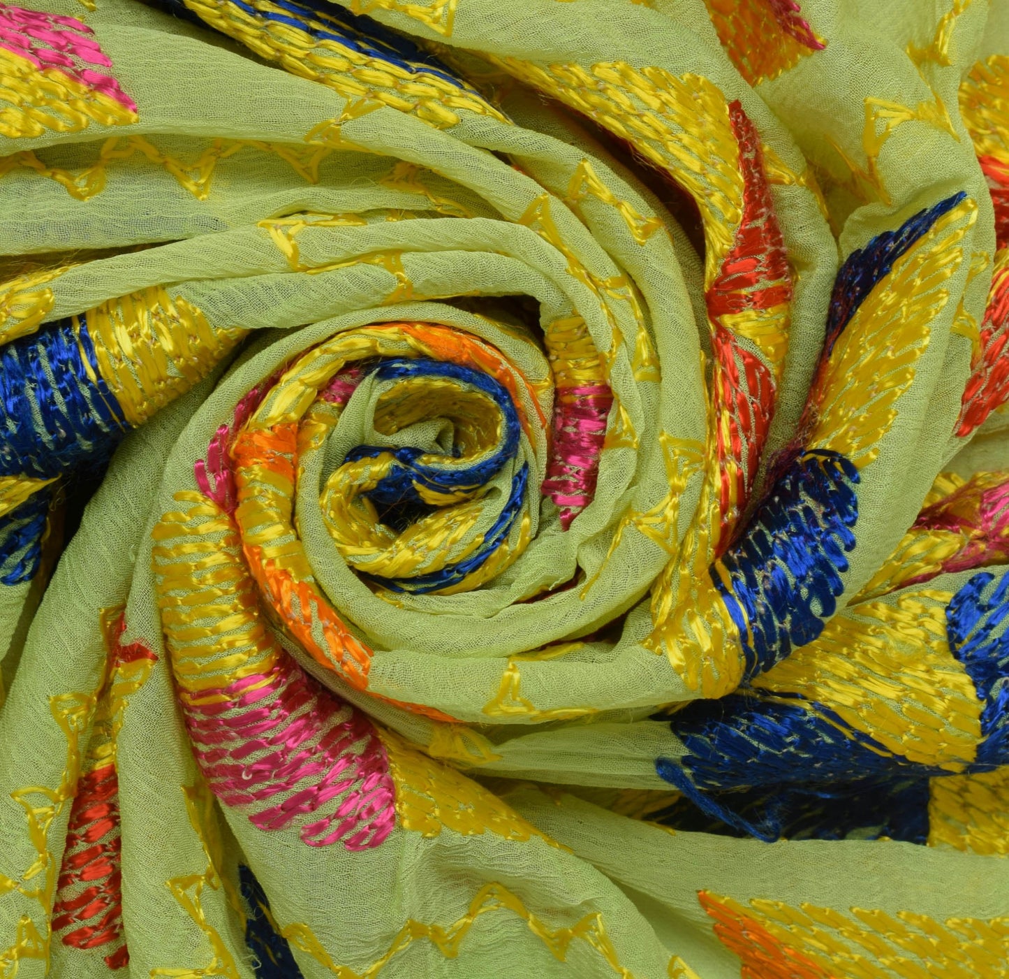 Sushila Vintage Green Dupatta Blend Chiffon Silk Embroidered Phulkari Long Stole