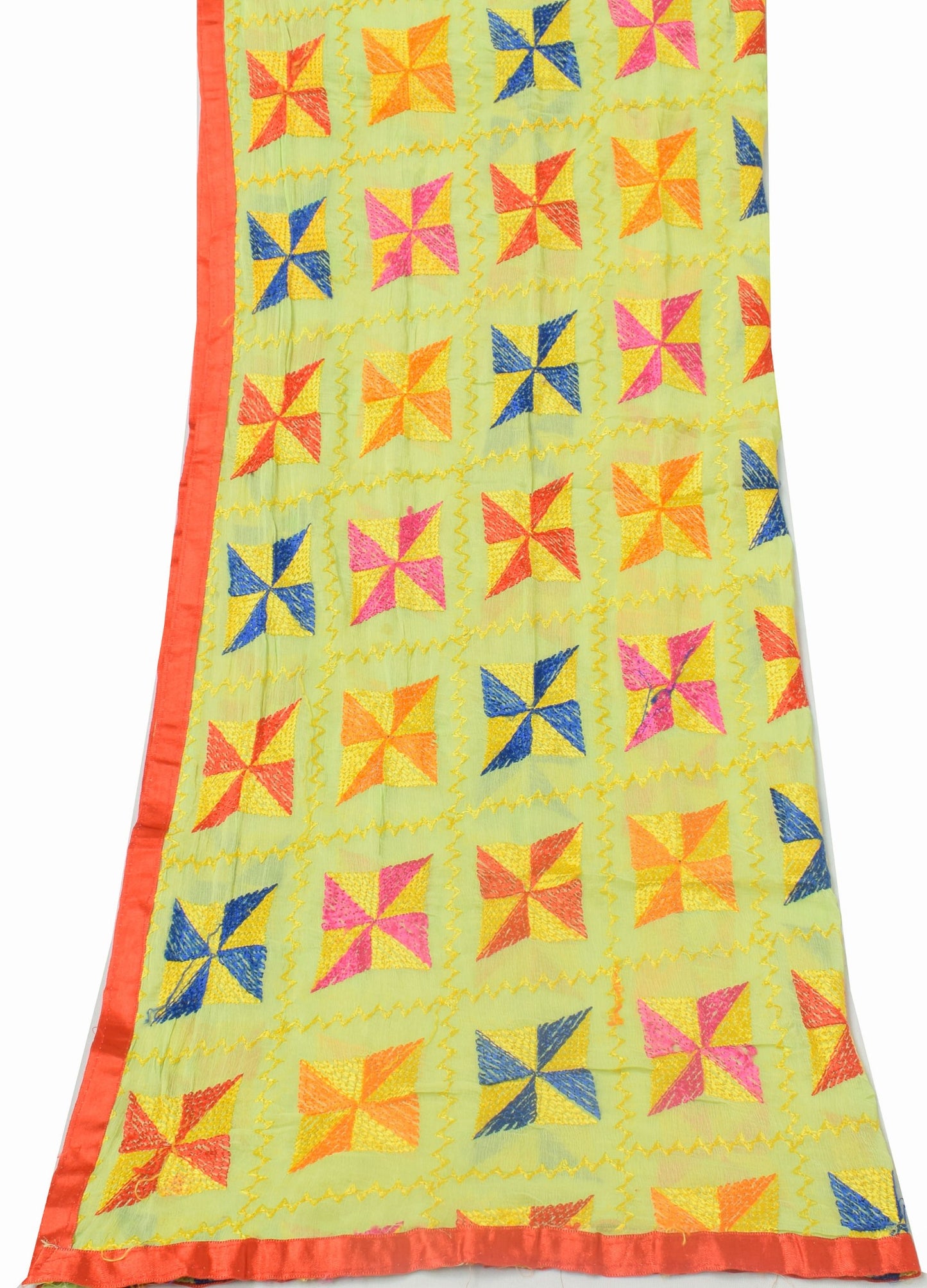 Sushila Vintage Green Dupatta Blend Chiffon Silk Embroidered Phulkari Long Stole