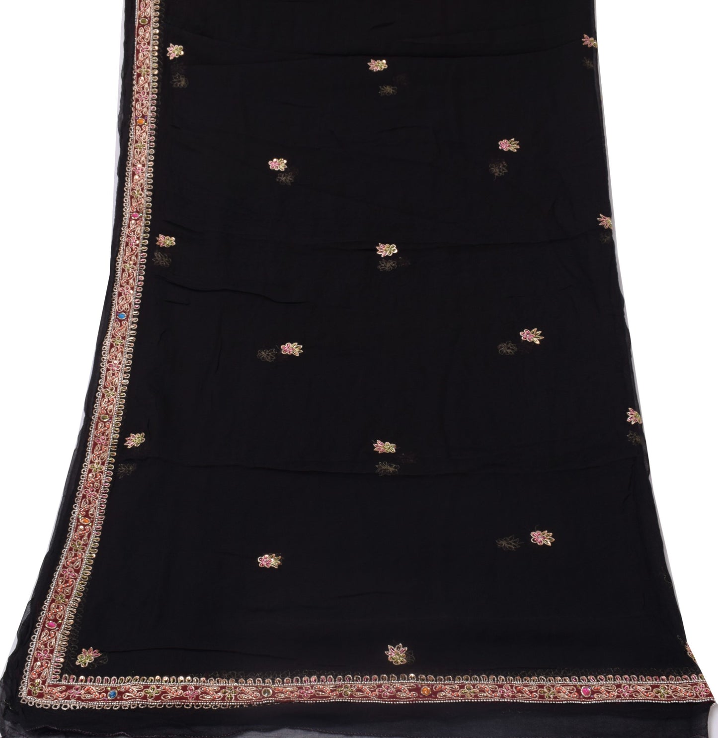 Sushila Vintage Black Dupatta Pure Georgette Silk Hand Beaded Long Stole Scarves