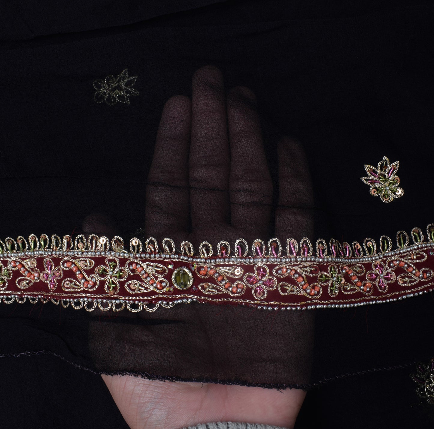 Sushila Vintage Black Dupatta Pure Georgette Silk Hand Beaded Long Stole Scarves