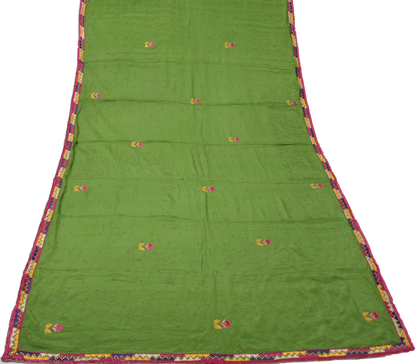 Sushila Vintage Green Dupatta Pure Chiffon Silk Hand Beaded Long Wrap Scarves
