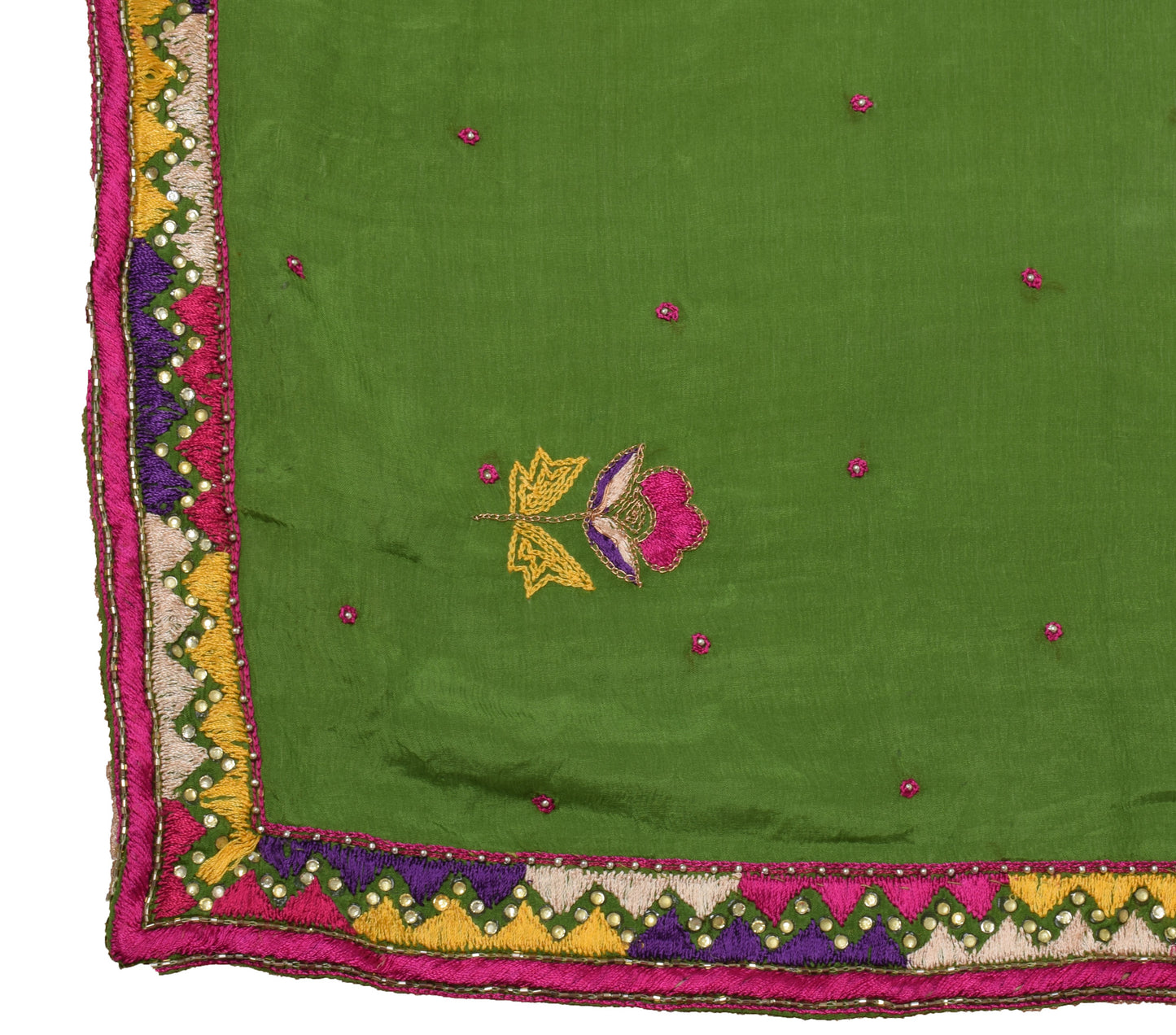 Sushila Vintage Green Dupatta Pure Chiffon Silk Hand Beaded Long Wrap Scarves