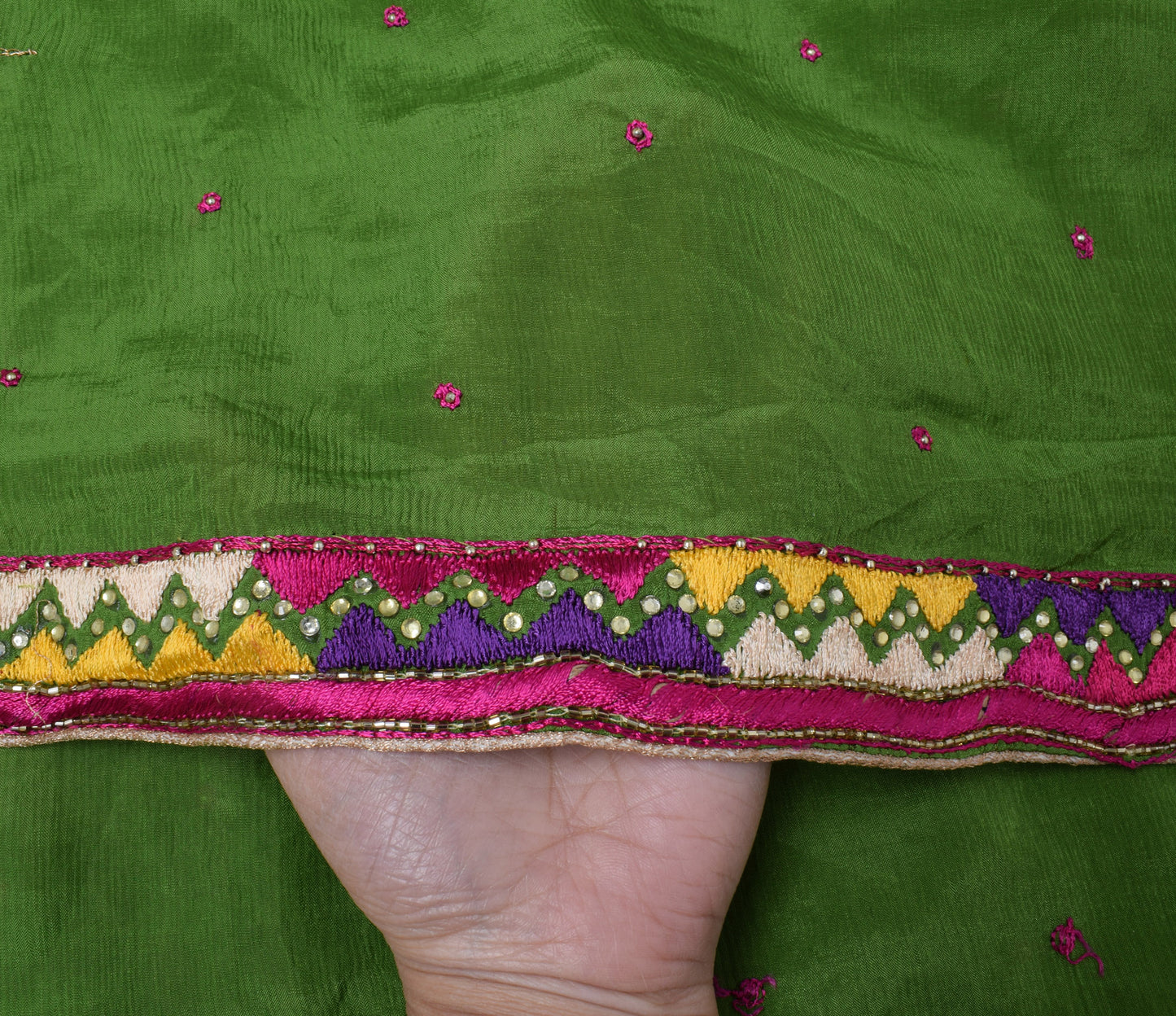 Sushila Vintage Green Dupatta Pure Chiffon Silk Hand Beaded Long Wrap Scarves