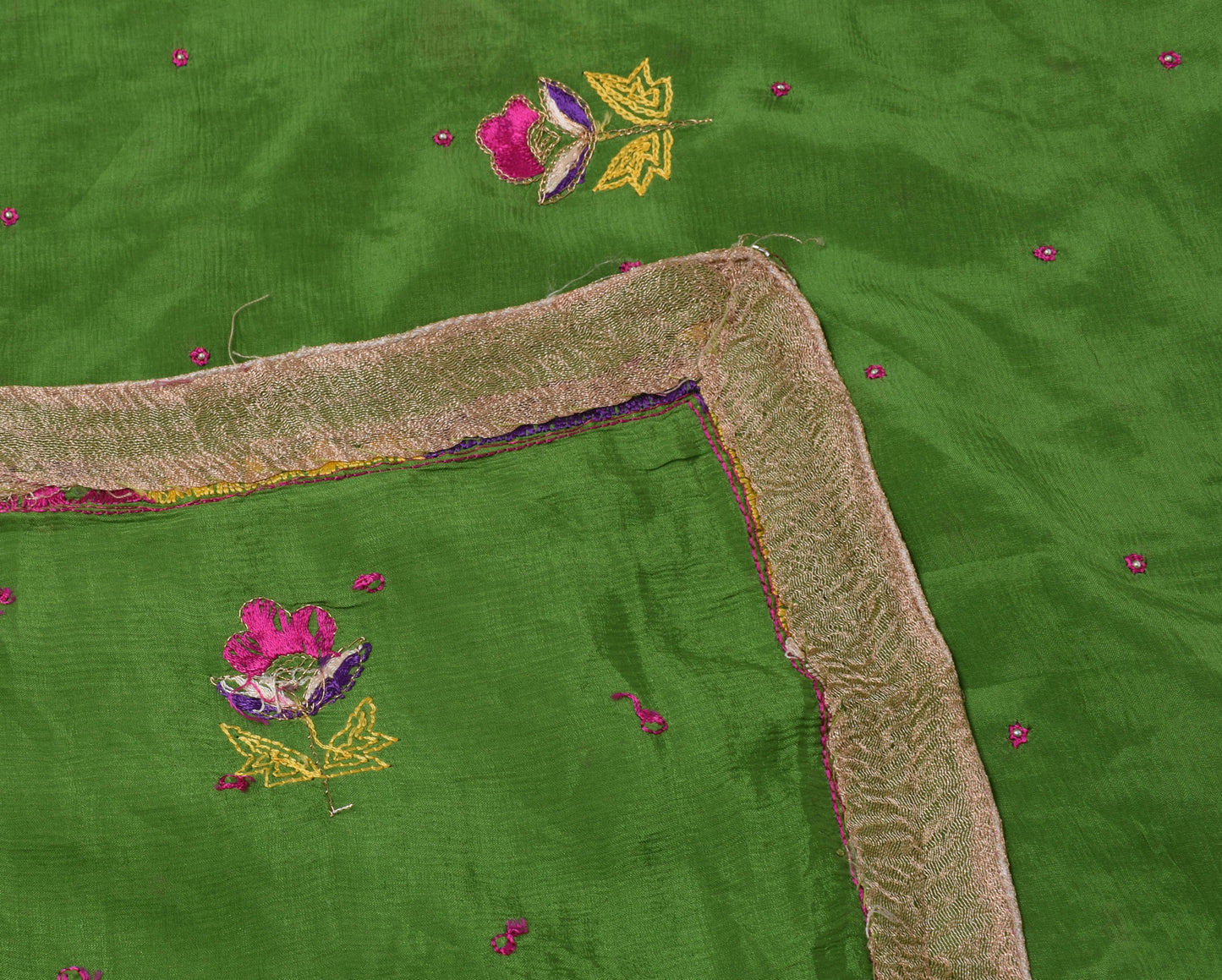 Sushila Vintage Green Dupatta Pure Chiffon Silk Hand Beaded Long Wrap Scarves