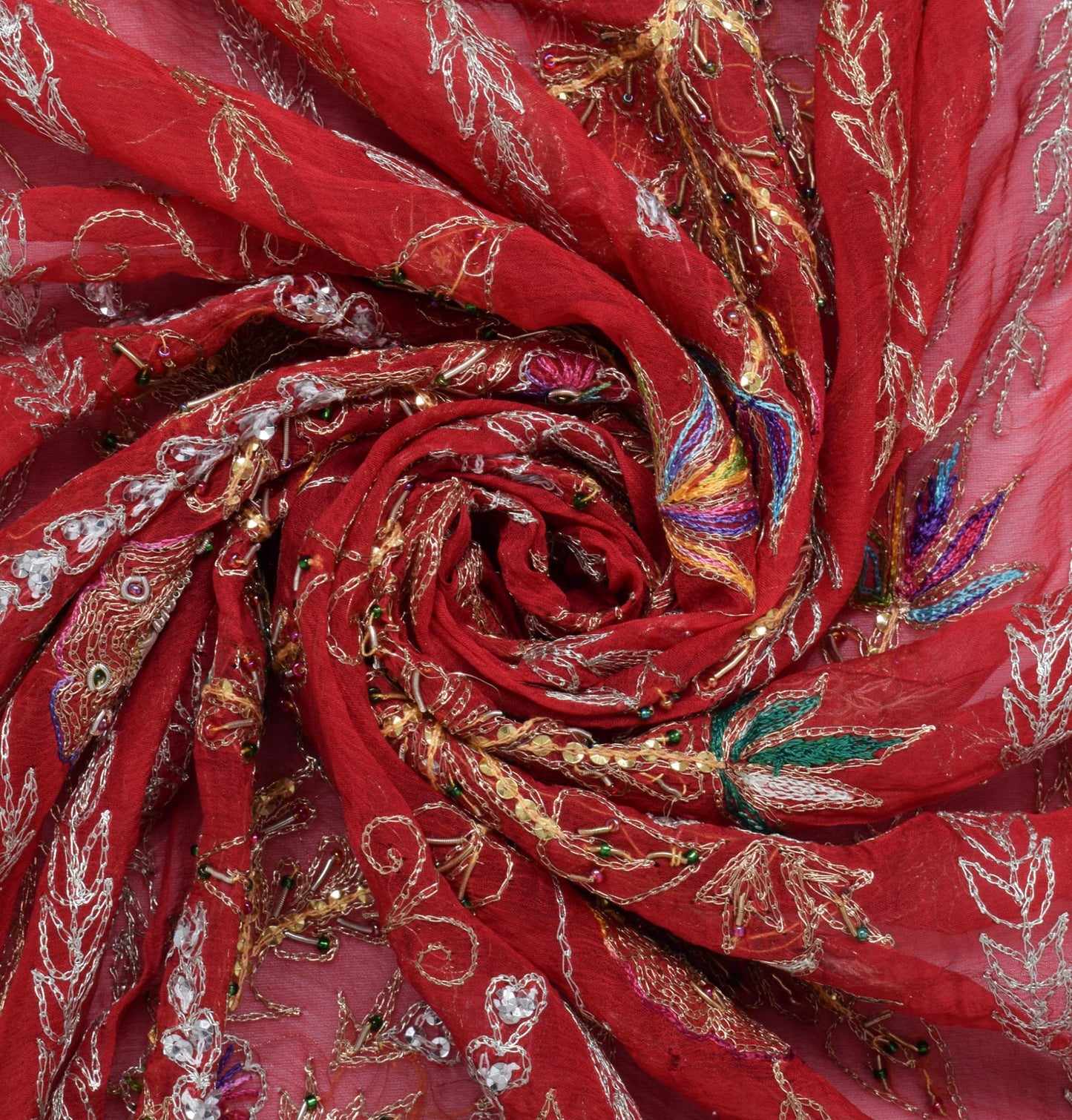 Sushila Vintage Red Dupatta Pure Chiffon Silk Zari Embroidered Long Stole Veil