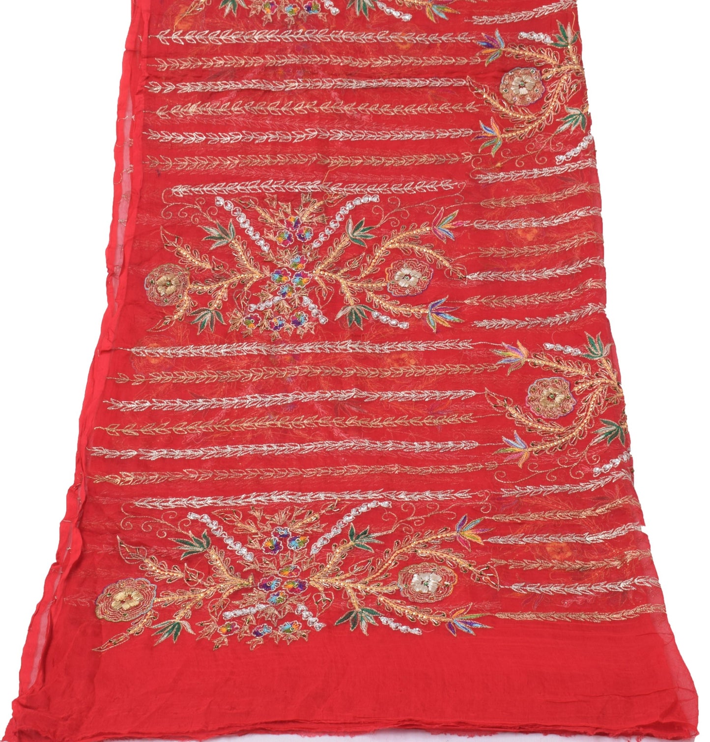 Sushila Vintage Red Dupatta Pure Chiffon Silk Zari Embroidered Long Stole Veil
