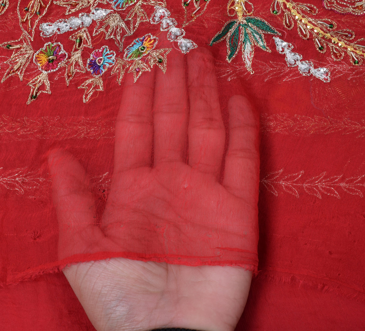 Sushila Vintage Red Dupatta Pure Chiffon Silk Zari Embroidered Long Stole Veil