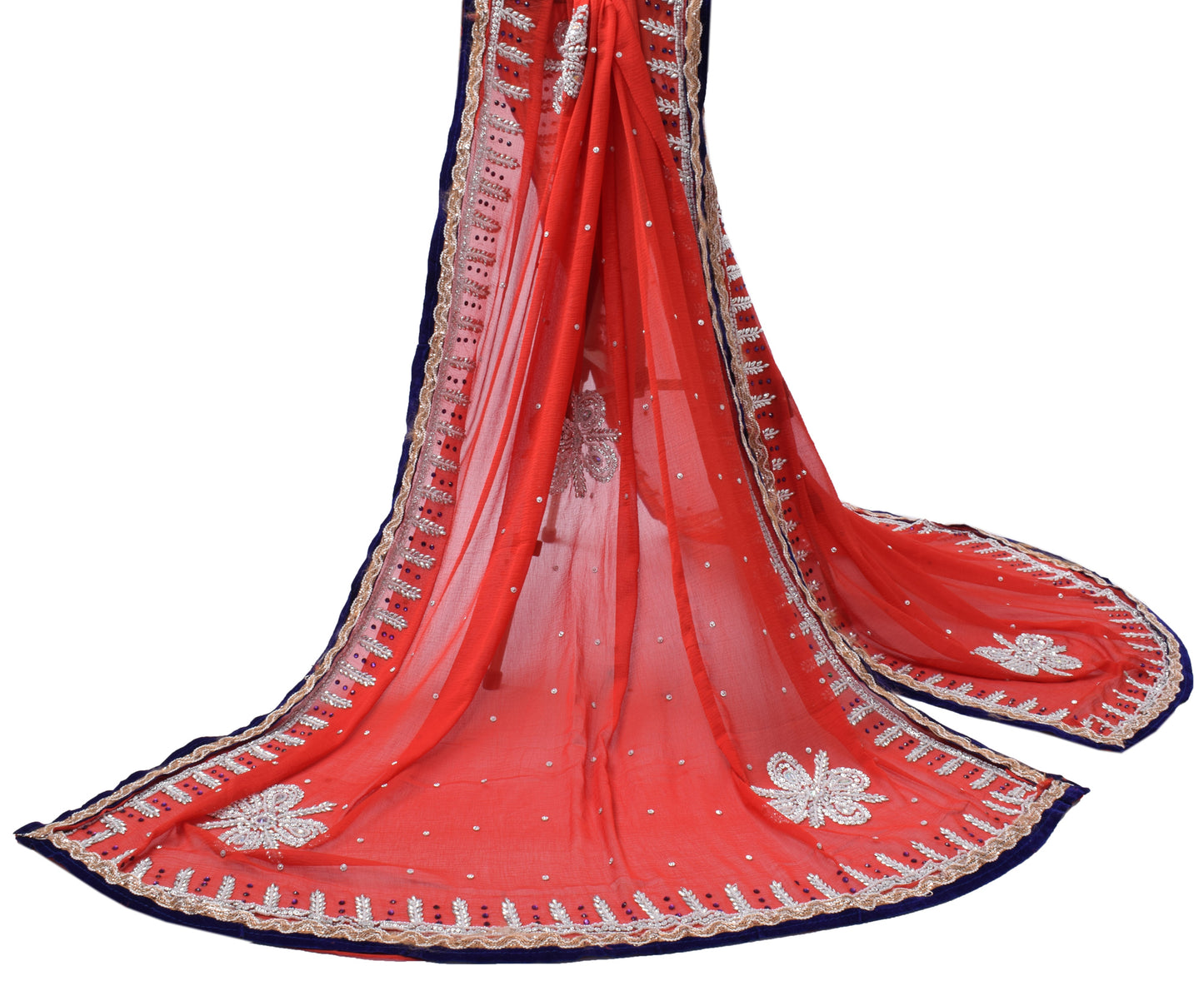 Sushila Vintage Red Dupatta Pure Chiffon Silk Beaded Long Wrap Scarves