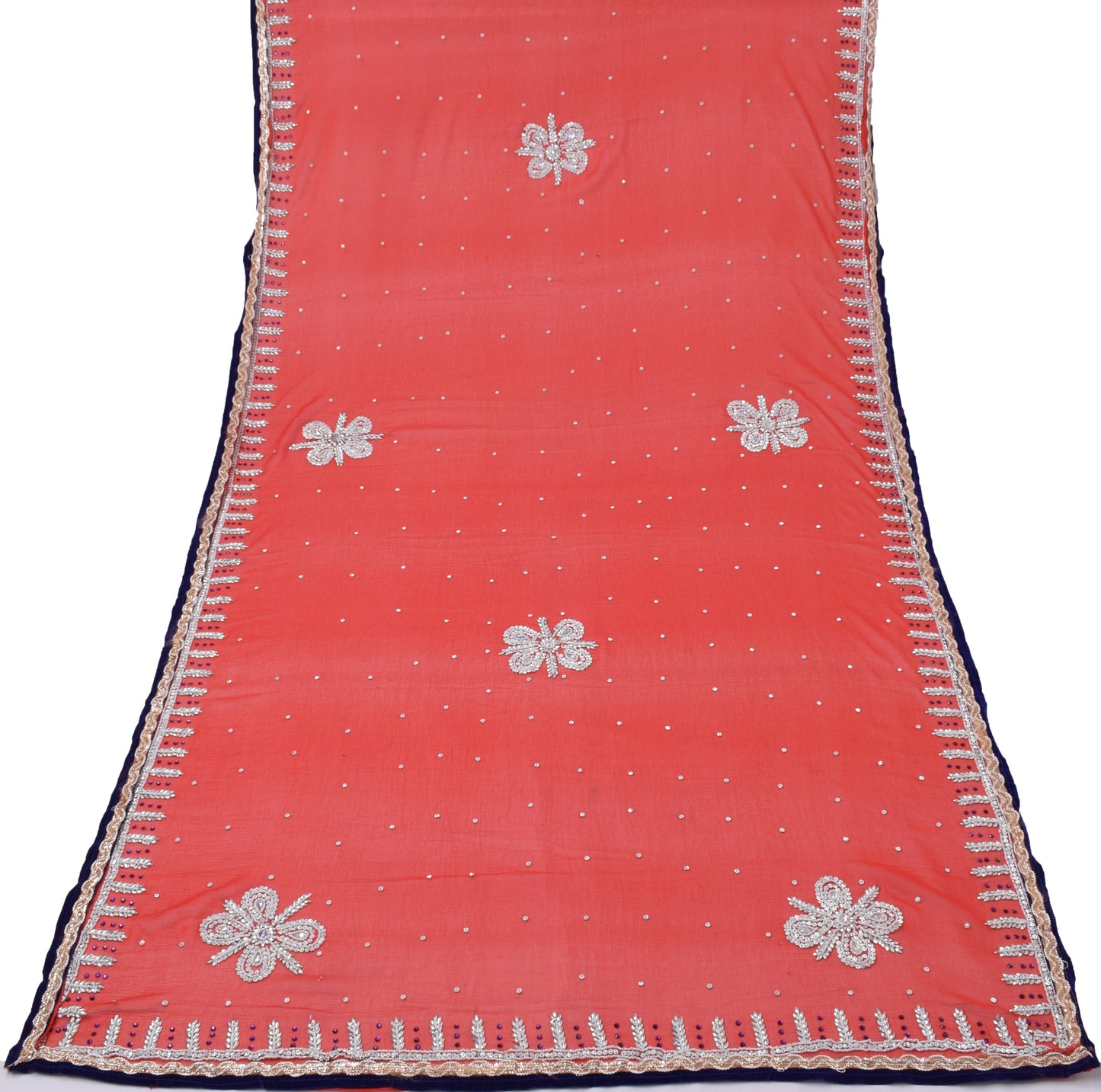 Sushila Vintage Red Dupatta Pure Chiffon Silk Beaded Long Wrap Scarves