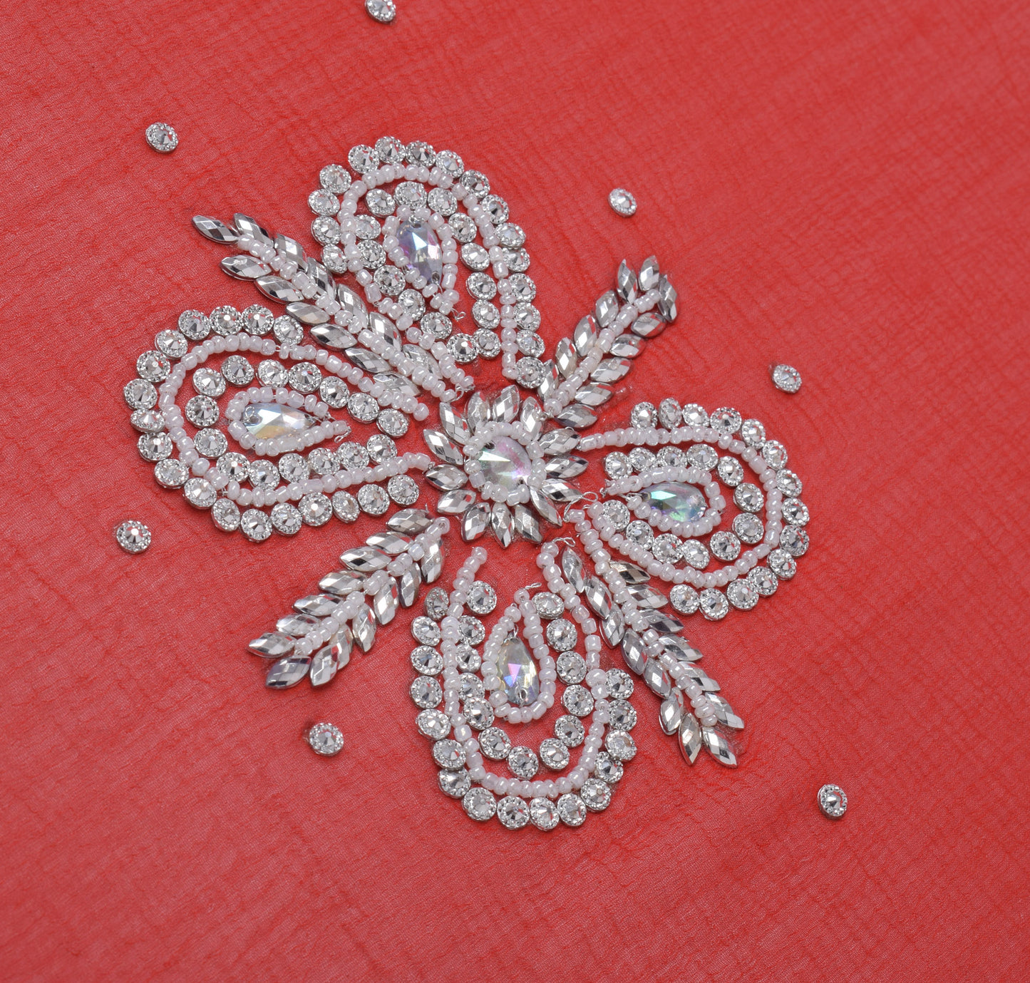 Sushila Vintage Red Dupatta Pure Chiffon Silk Beaded Long Wrap Scarves