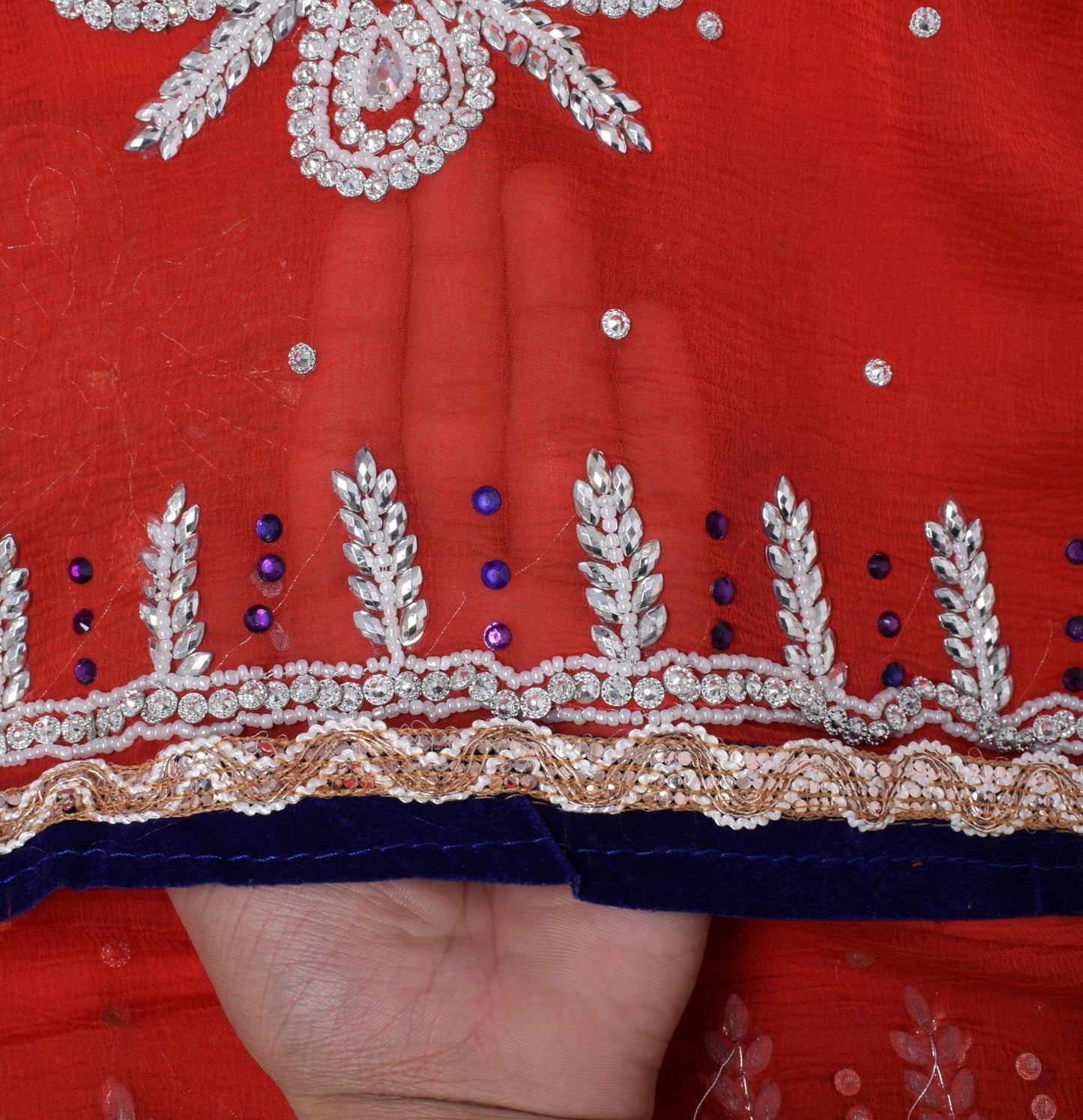 Sushila Vintage Red Dupatta Pure Chiffon Silk Beaded Long Wrap Scarves