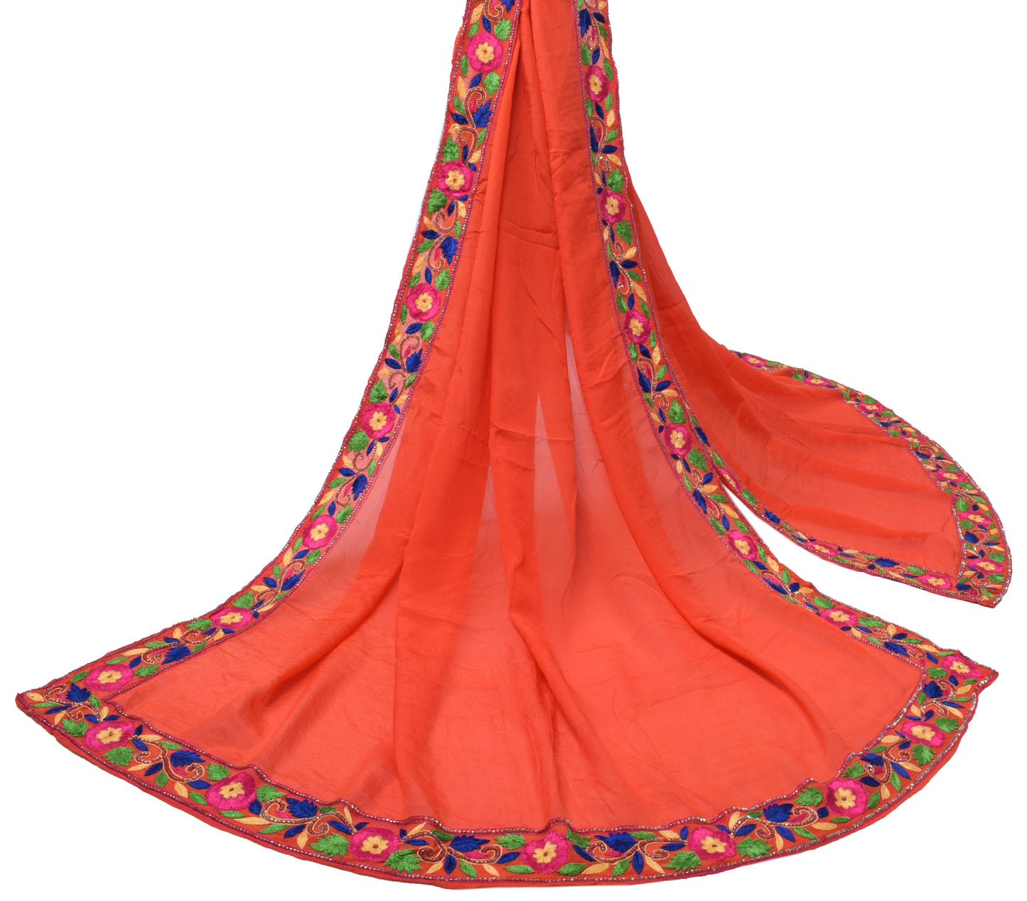 Sushila Vintage Dark Orange Dupatta Pure Chiffon Silk Embroidered Long Stole
