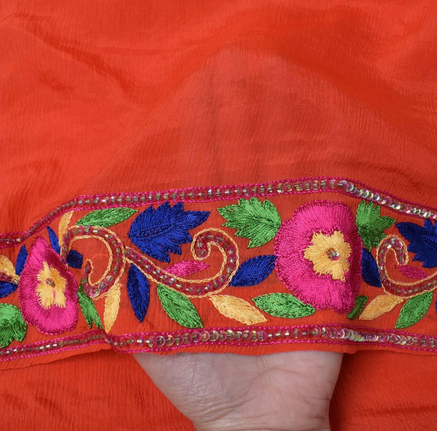 Sushila Vintage Dark Orange Dupatta Pure Chiffon Silk Embroidered Long Stole