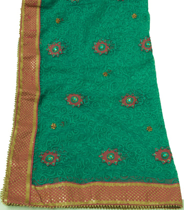 Sushila Vintage Green Indian Dupatta Net Mesh Embroidered Long Stole Scarves