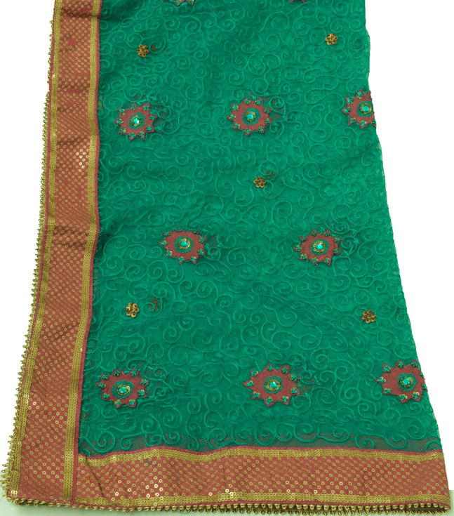 Sushila Vintage Green Indian Dupatta Net Mesh Embroidered Long Stole Scarves
