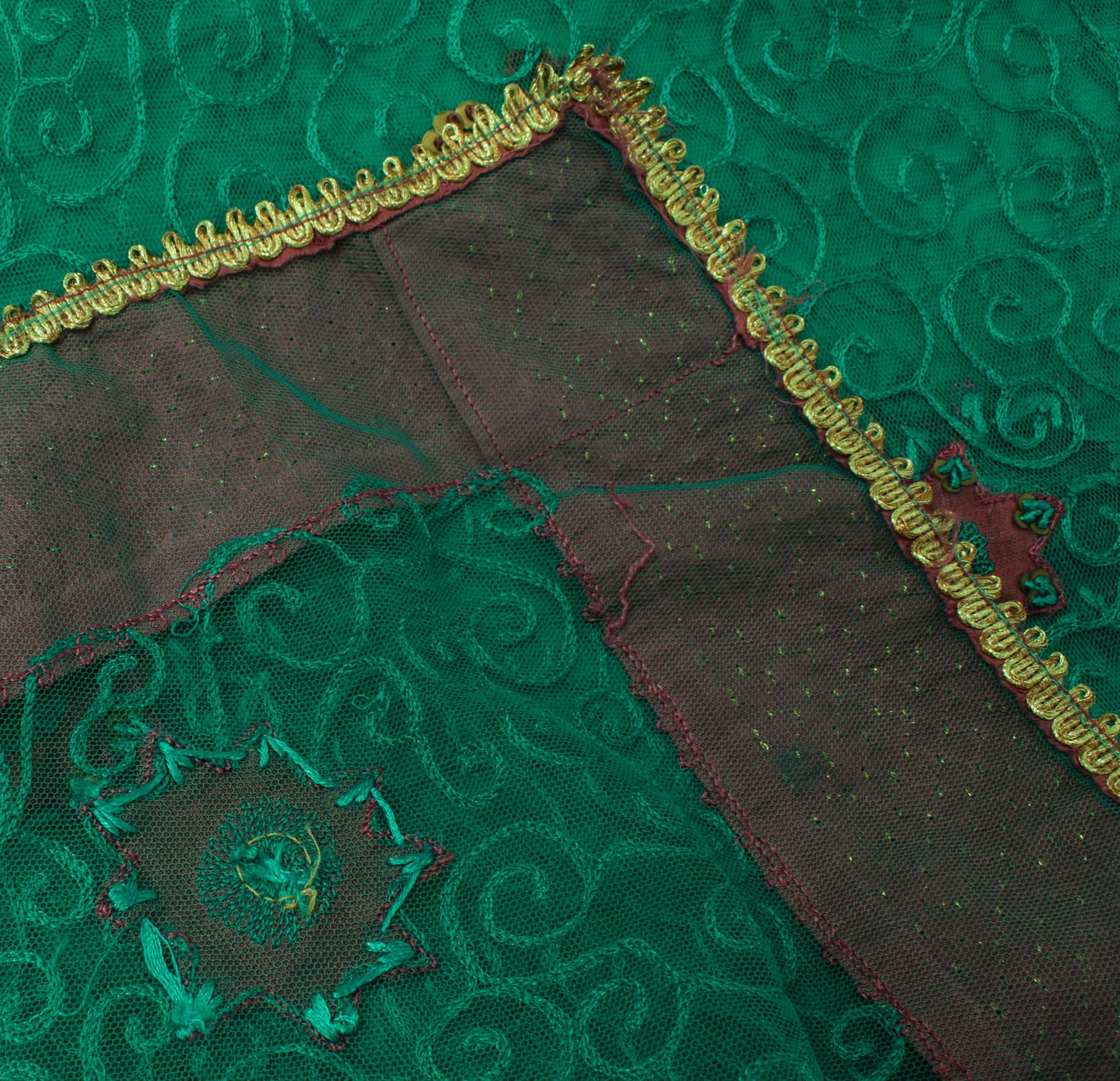 Sushila Vintage Green Indian Dupatta Net Mesh Embroidered Long Stole Scarves