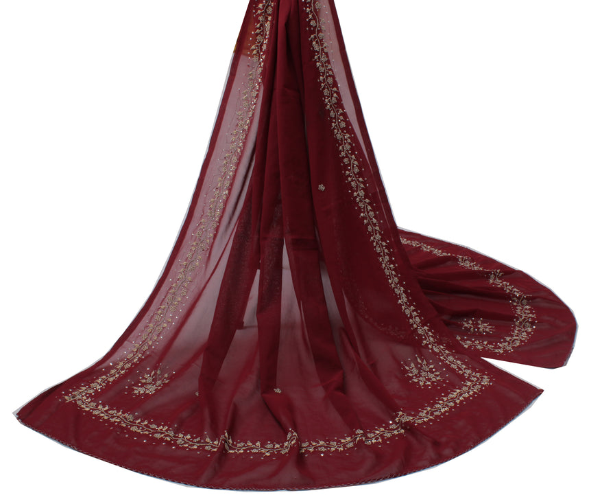 Sushila Vintage Maroon Dupatta Blend Georgette Silk Hand Beaded Long Stole Veil