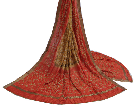 Sushila Vintage Brown Dupatta 100% Pure Silk Printed & Beaded Long Stole Scarves