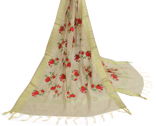 Sushila Vintage Cream Dupatta Blend Cotton Woven & Embroidered Long Stole Veil