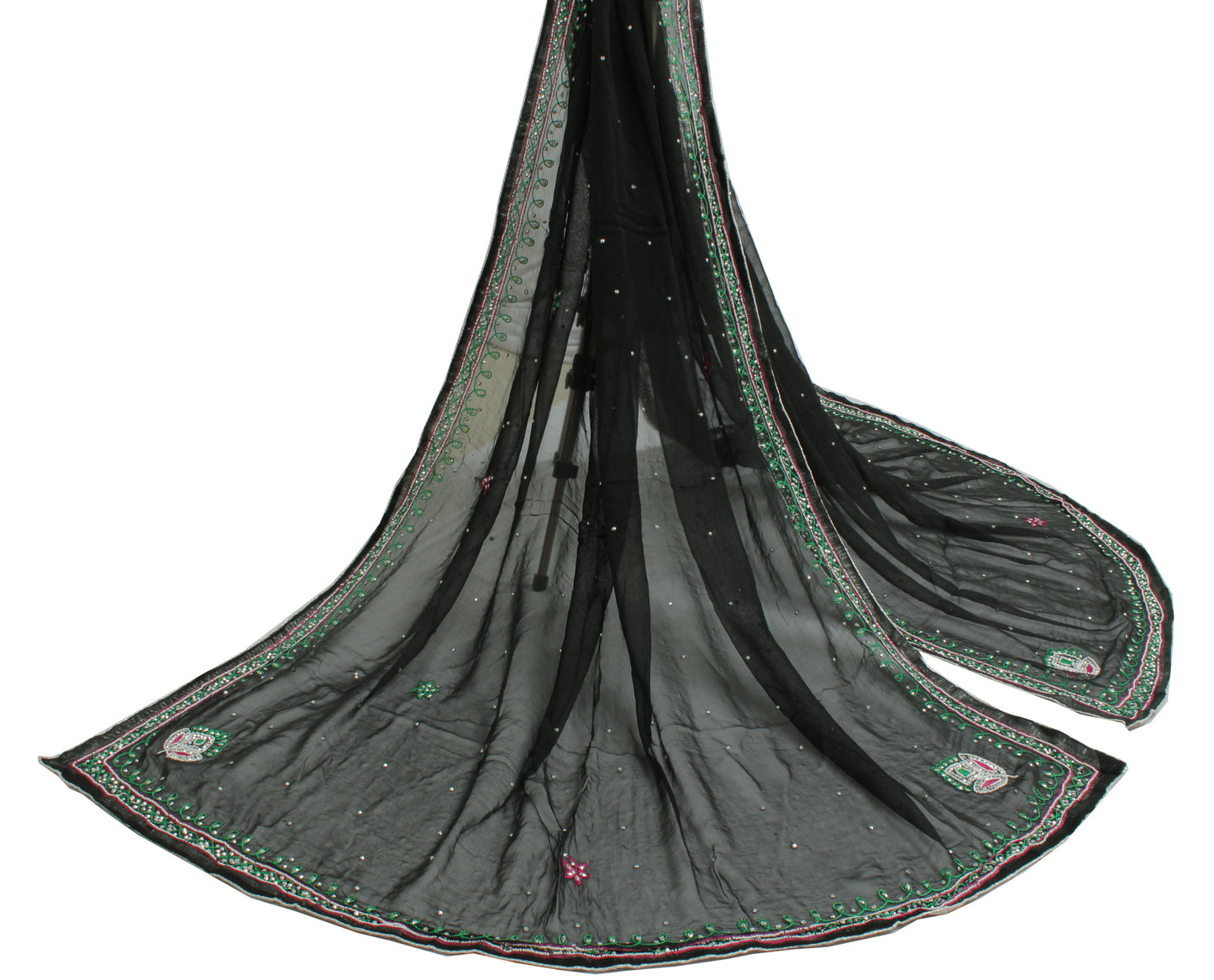 Sushila Vintage Black Indian Dupatta Pure Chiffon Silk Embroidered Long Stole