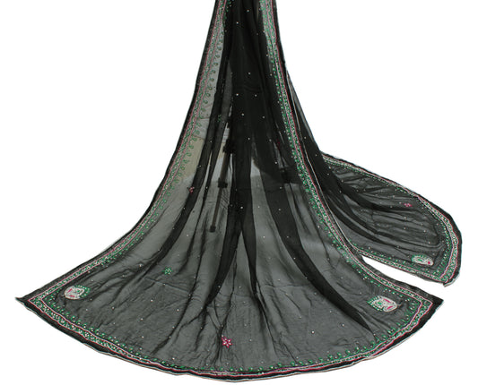 Sushila Vintage Black Indian Dupatta Pure Chiffon Silk Embroidered Long Stole