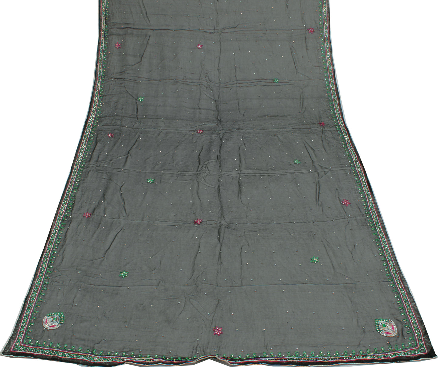 Sushila Vintage Black Indian Dupatta Pure Chiffon Silk Embroidered Long Stole