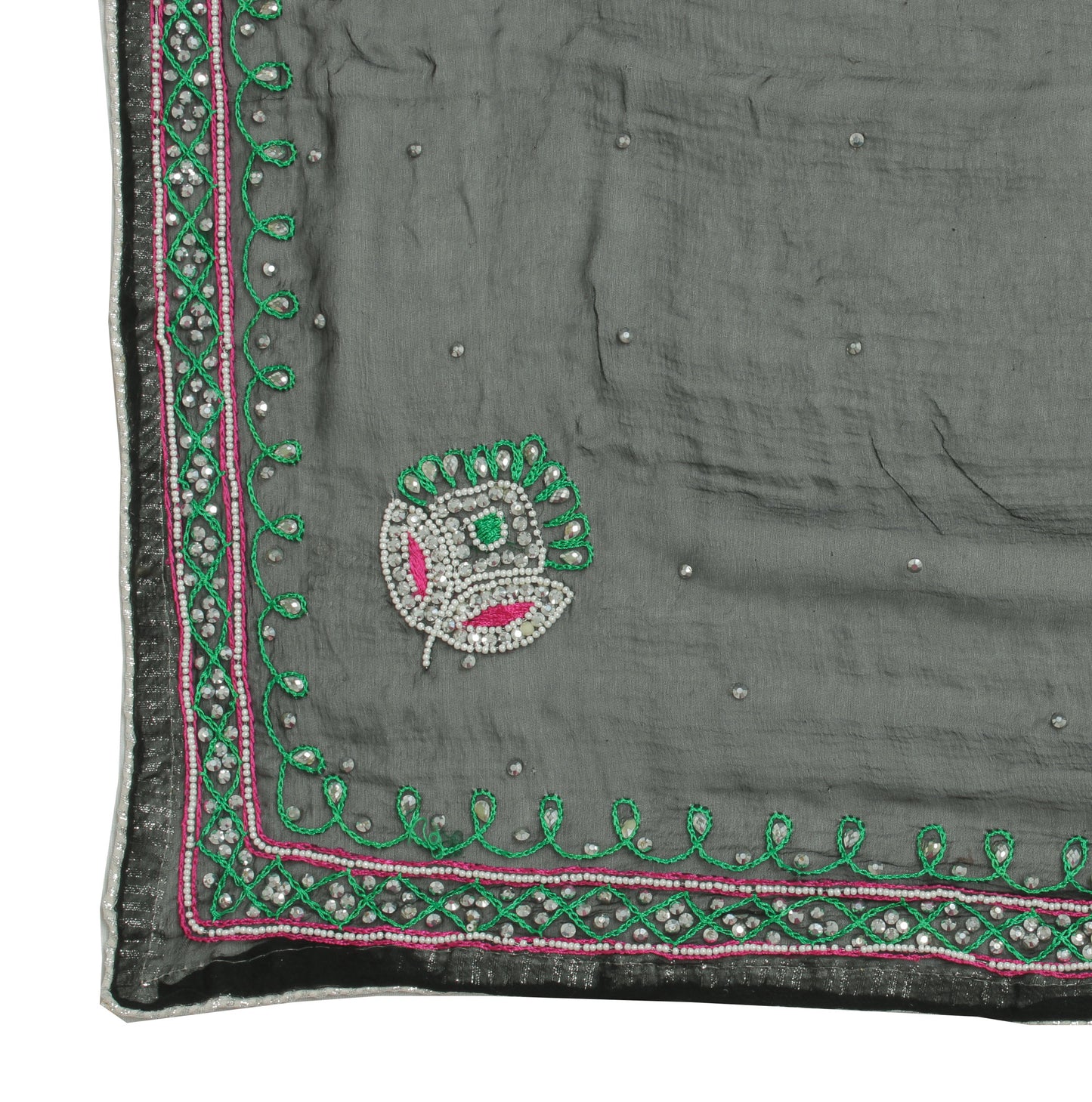 Sushila Vintage Black Indian Dupatta Pure Chiffon Silk Embroidered Long Stole