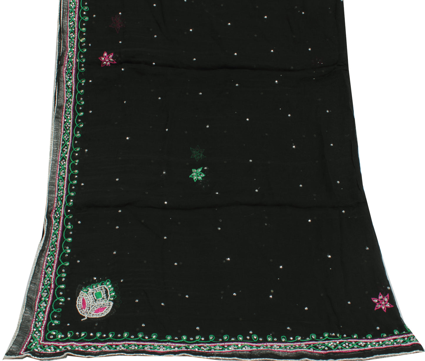Sushila Vintage Black Indian Dupatta Pure Chiffon Silk Embroidered Long Stole