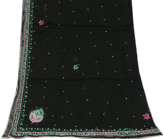 Sushila Vintage Black Indian Dupatta Pure Chiffon Silk Embroidered Long Stole