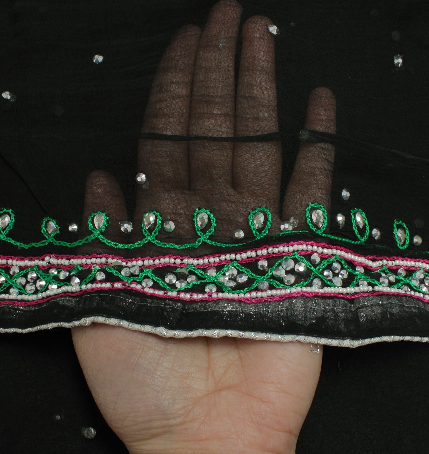 Sushila Vintage Black Indian Dupatta Pure Chiffon Silk Embroidered Long Stole