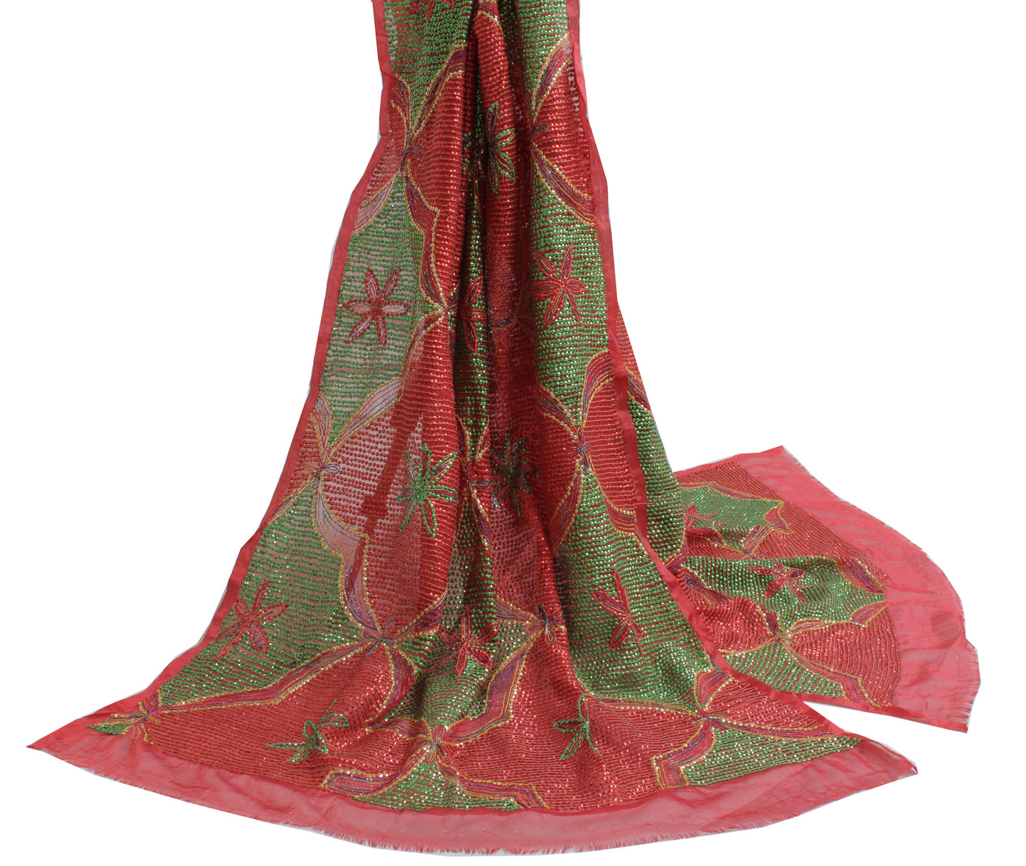 Sushila Vintage Red Dupatta Blend Chiffon Silk Sequins Embroidered Long Stole