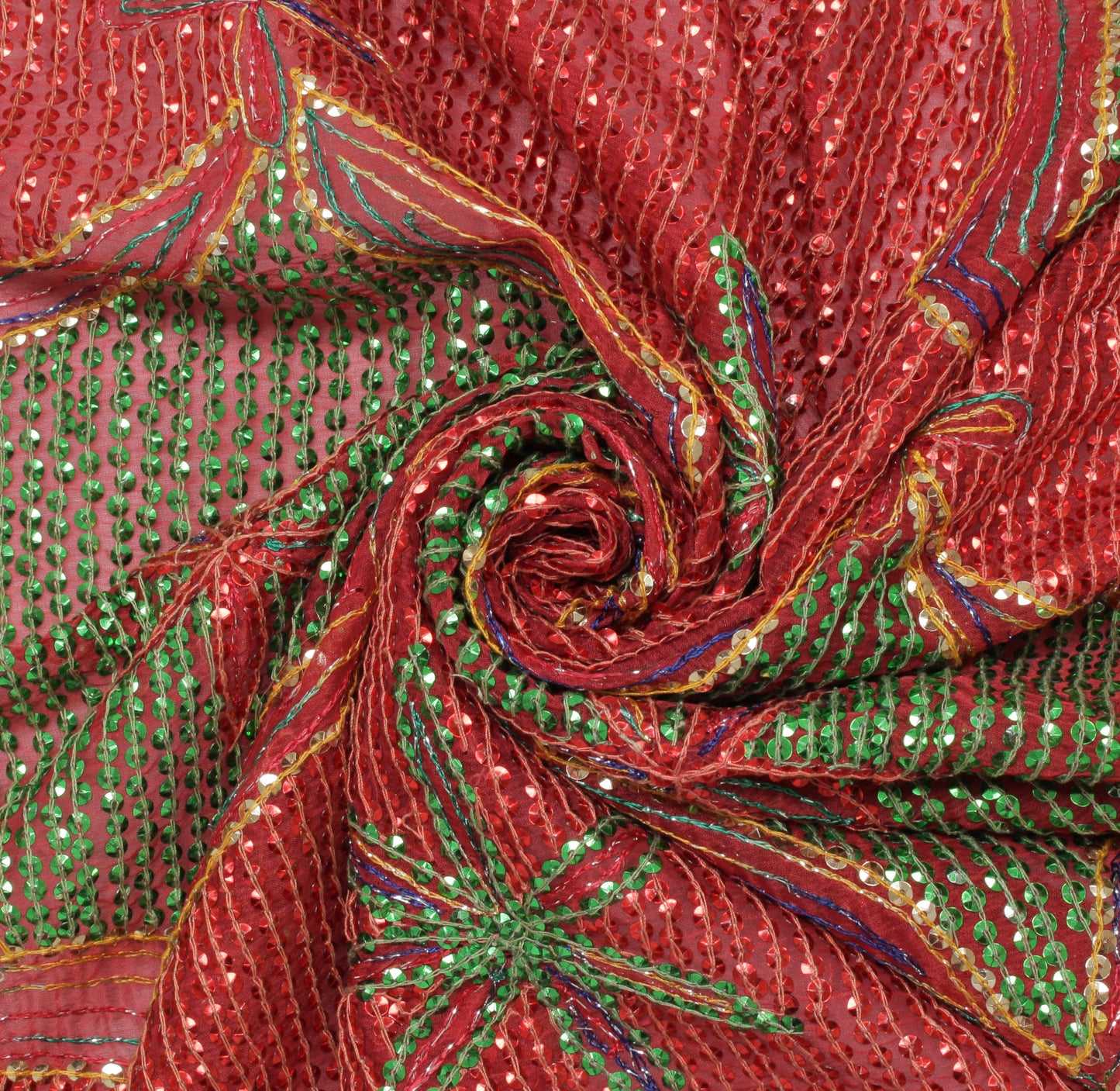 Sushila Vintage Red Dupatta Blend Chiffon Silk Sequins Embroidered Long Stole