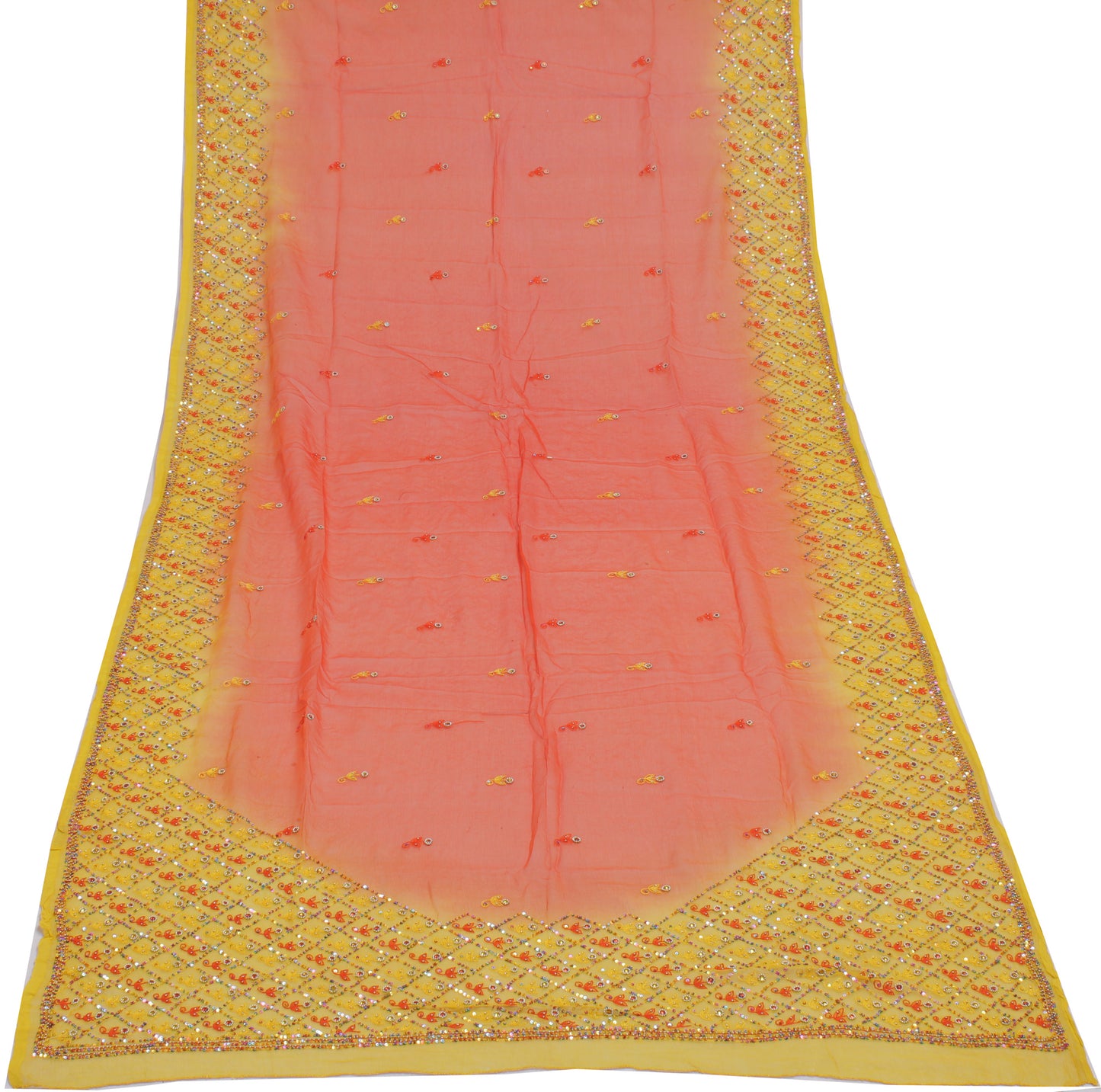 Sushila Vintage Orange Indian Dupatta Pure Chiffon Silk Embroidered Long Stole