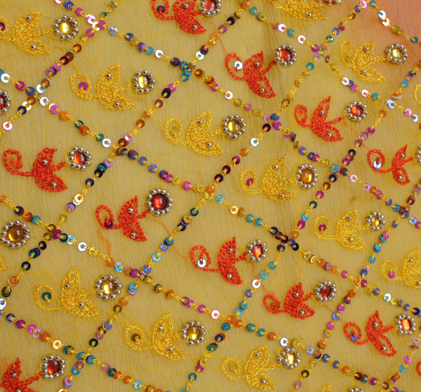 Sushila Vintage Orange Indian Dupatta Pure Chiffon Silk Embroidered Long Stole