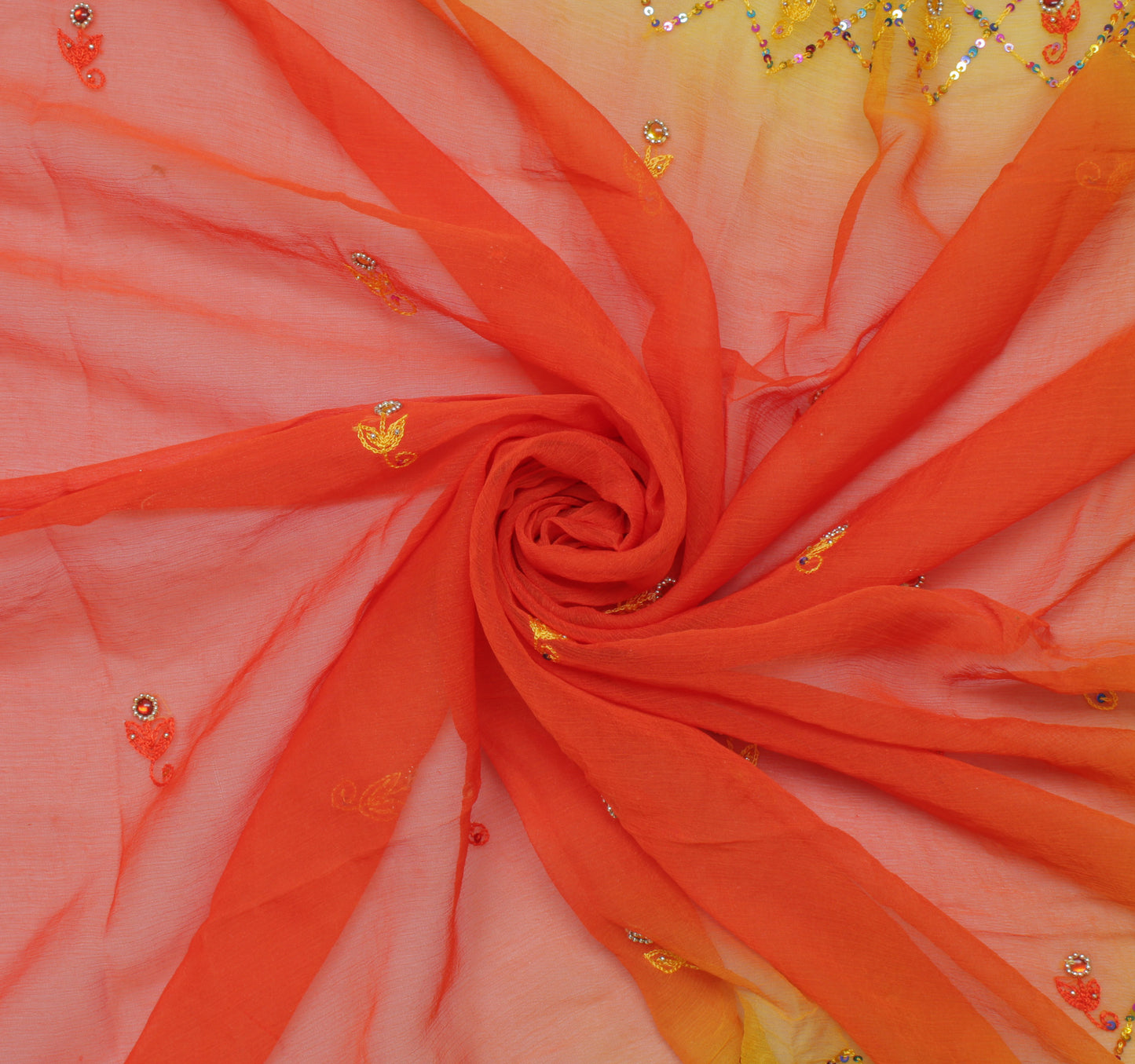 Sushila Vintage Orange Indian Dupatta Pure Chiffon Silk Embroidered Long Stole