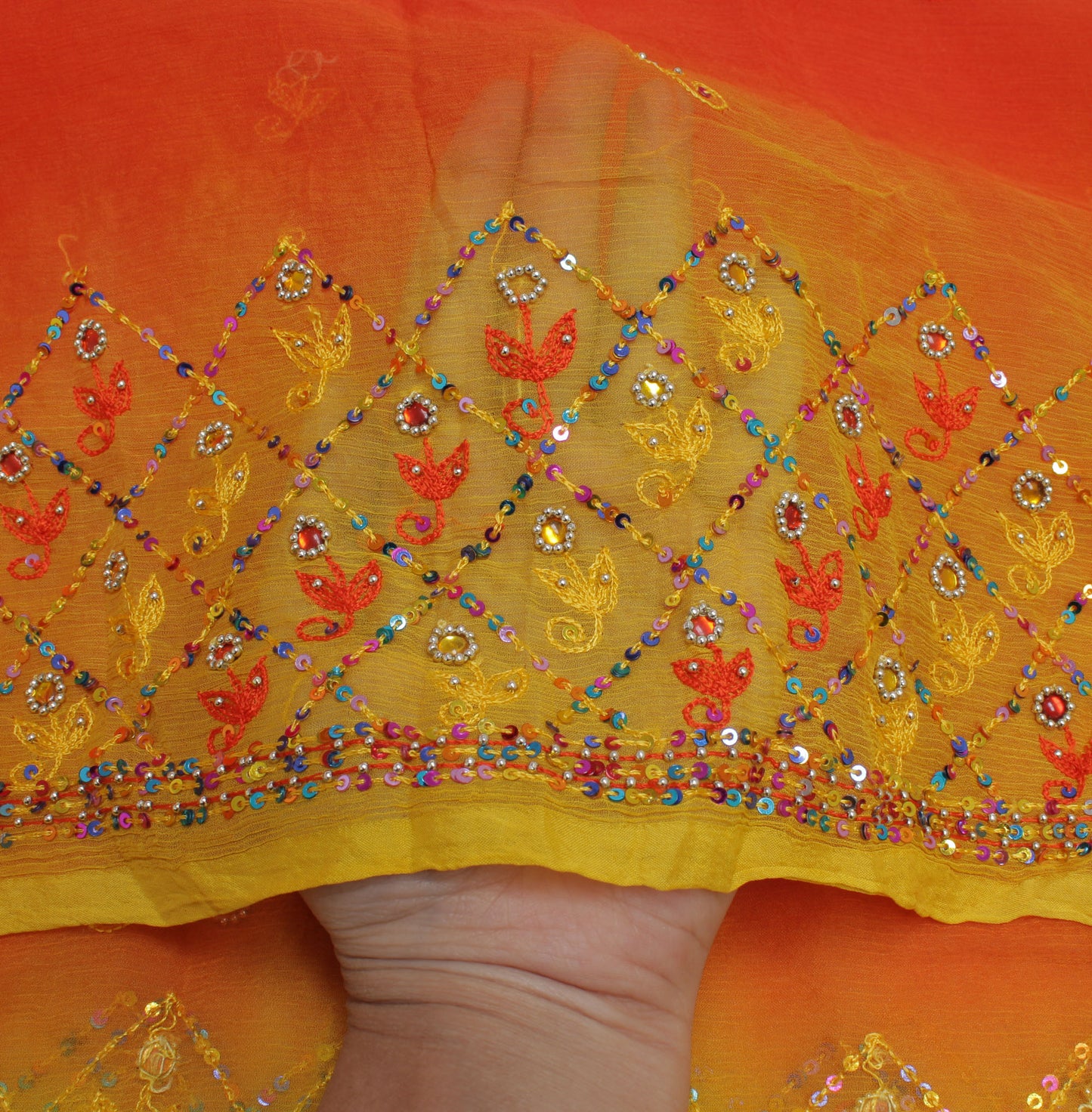 Sushila Vintage Orange Indian Dupatta Pure Chiffon Silk Embroidered Long Stole