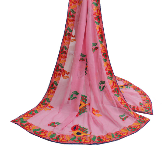 Sushila Vintage Pink Dupatta Blend Chiffon Silk Peacock Embroidered Long Stole
