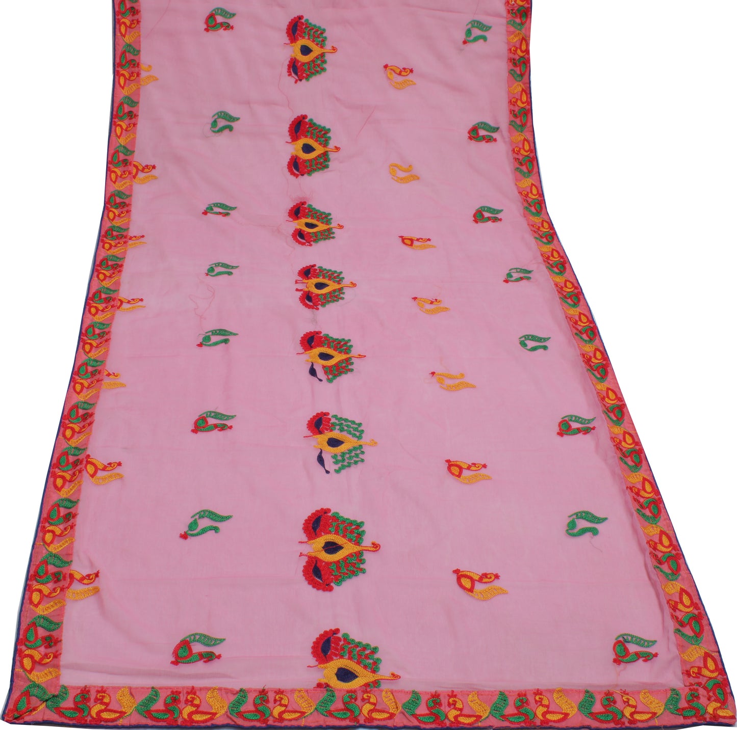 Sushila Vintage Pink Dupatta Blend Chiffon Silk Peacock Embroidered Long Stole