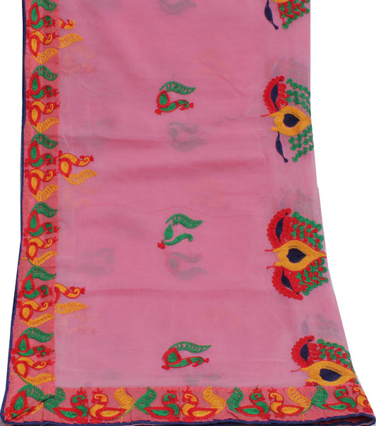 Sushila Vintage Pink Dupatta Blend Chiffon Silk Peacock Embroidered Long Stole