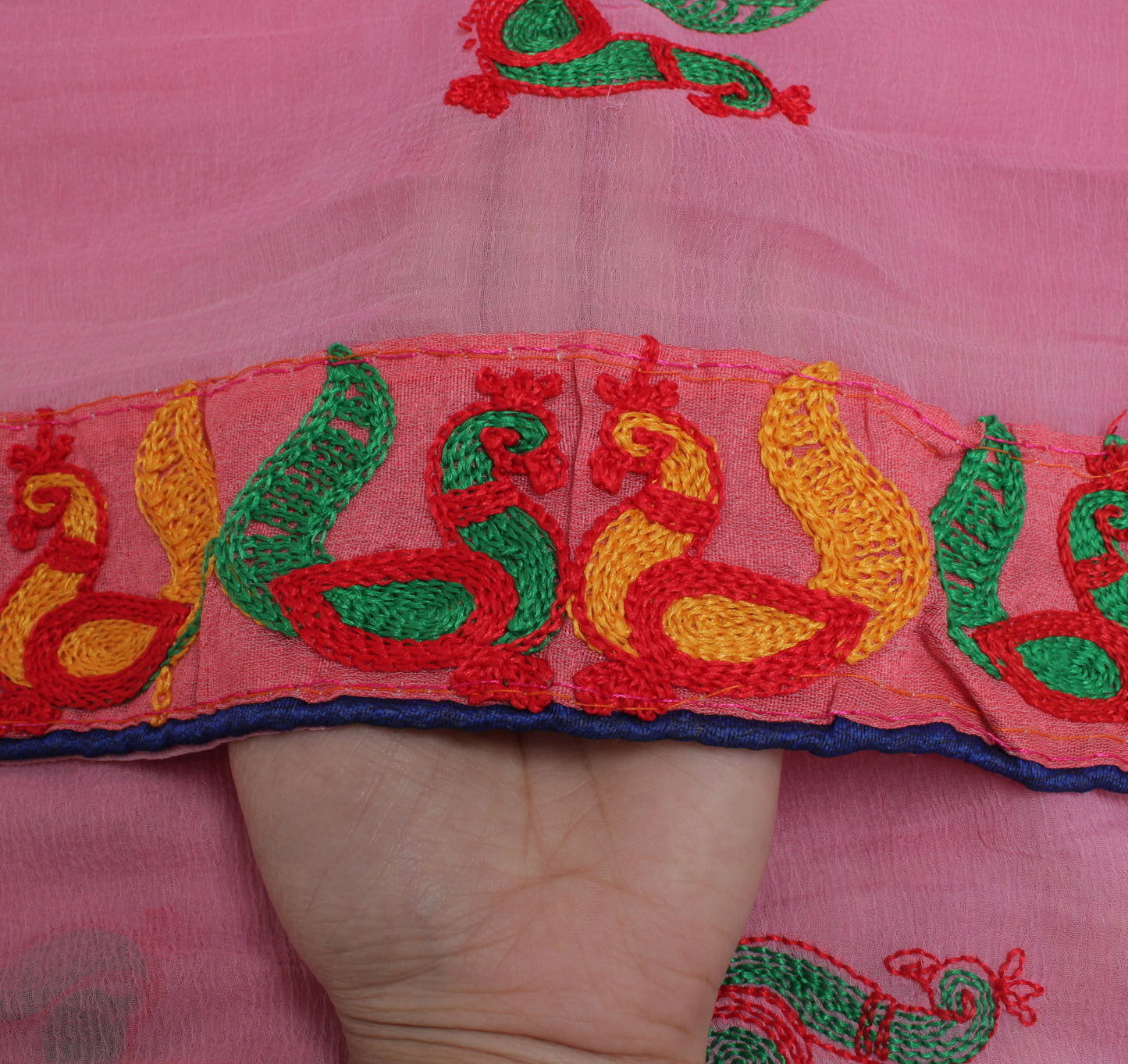 Sushila Vintage Pink Dupatta Blend Chiffon Silk Peacock Embroidered Long Stole