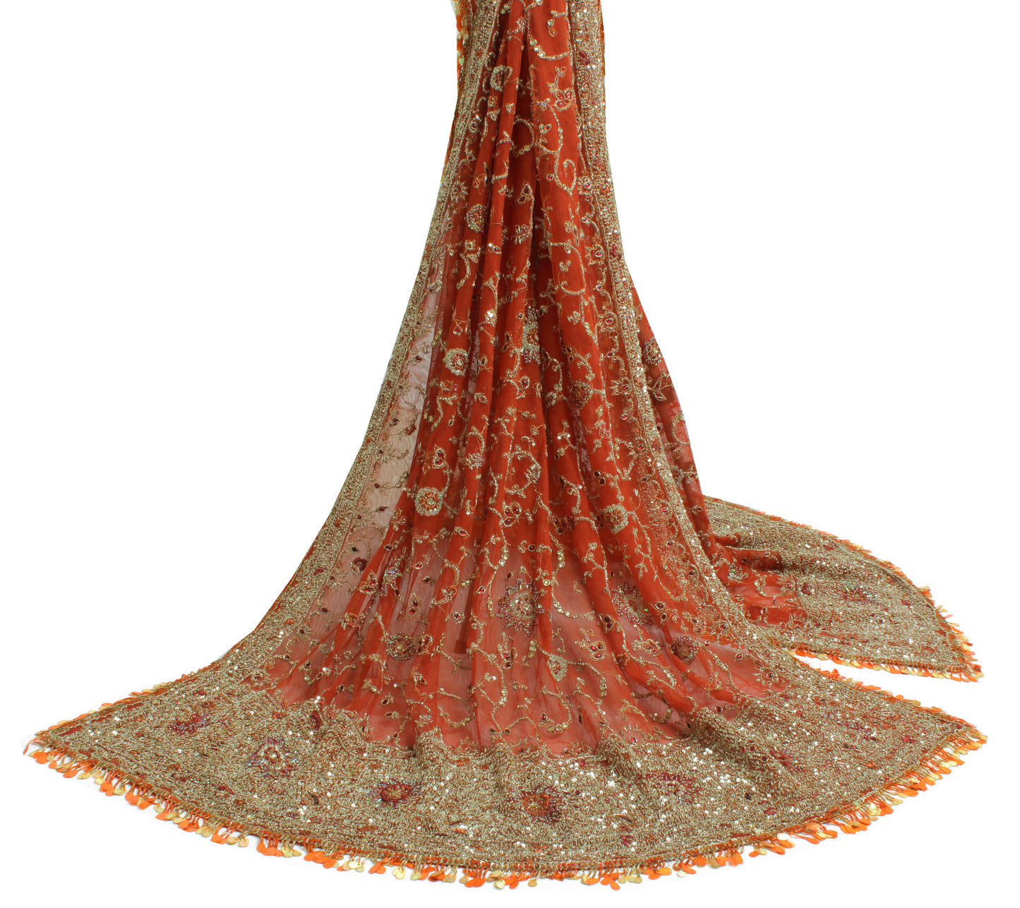 Sushila Vintage Brown Indian Heavy Dupatta Net Mesh Hand Beaded Long Stole Veil