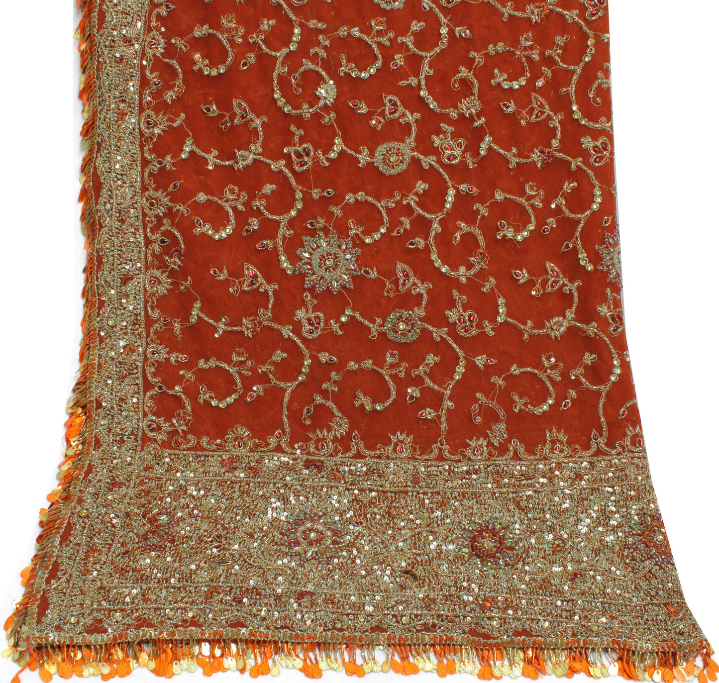 Sushila Vintage Brown Indian Heavy Dupatta Net Mesh Hand Beaded Long Stole Veil