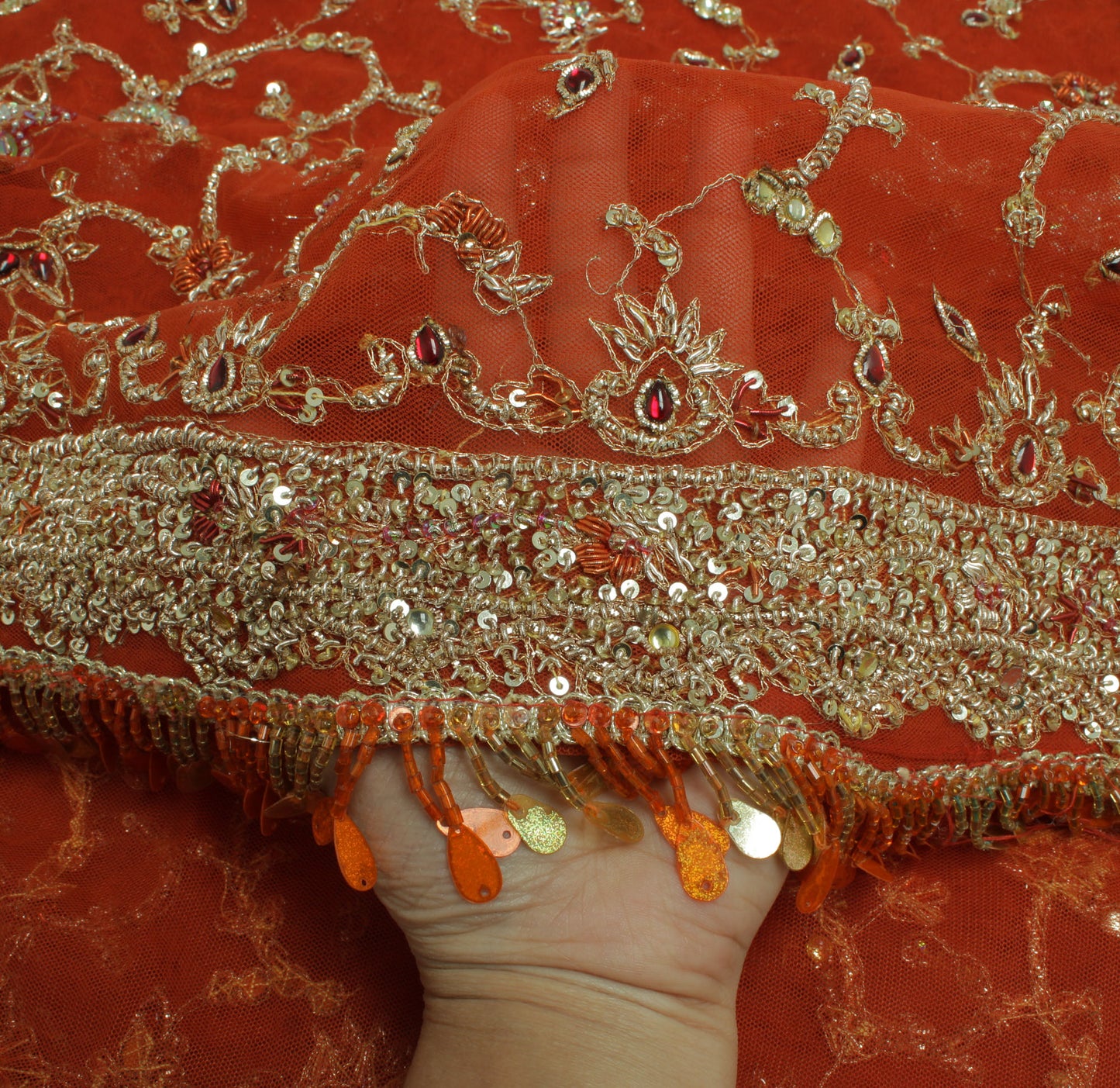 Sushila Vintage Brown Indian Heavy Dupatta Net Mesh Hand Beaded Long Stole Veil