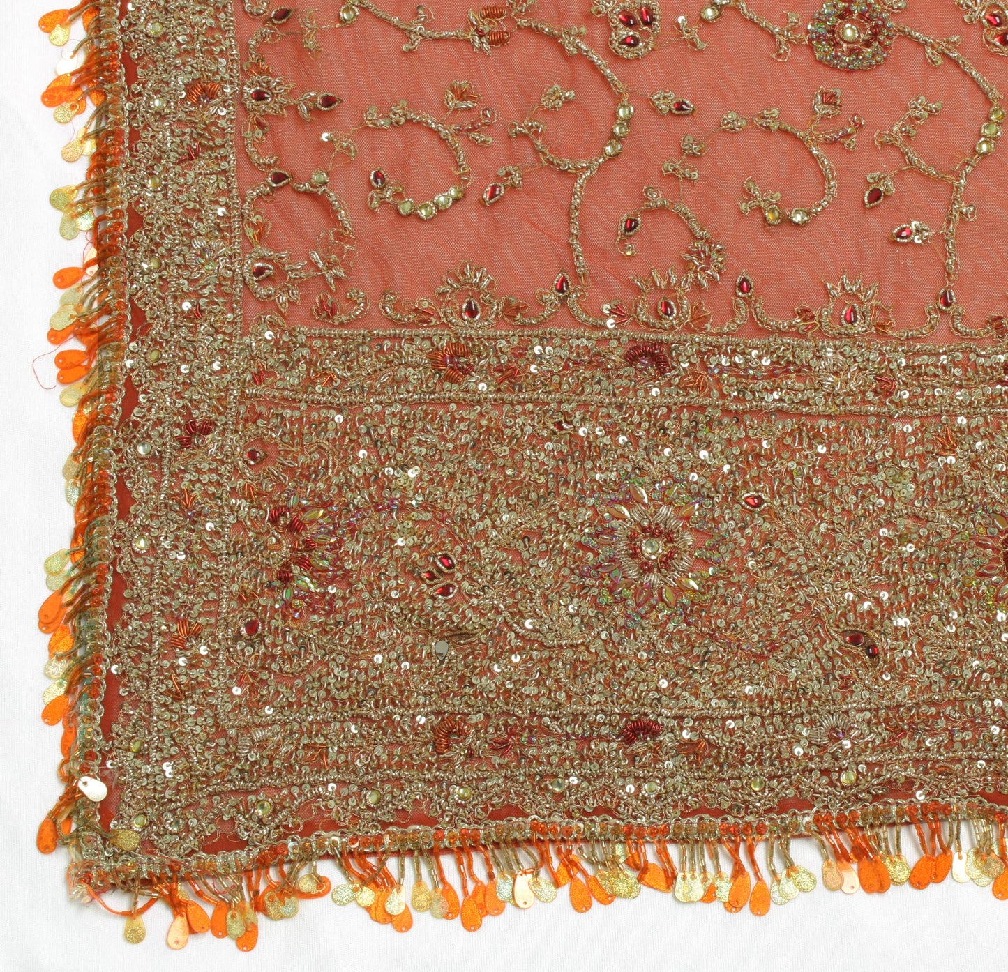 Sushila Vintage Brown Indian Heavy Dupatta Net Mesh Hand Beaded Long Stole Veil