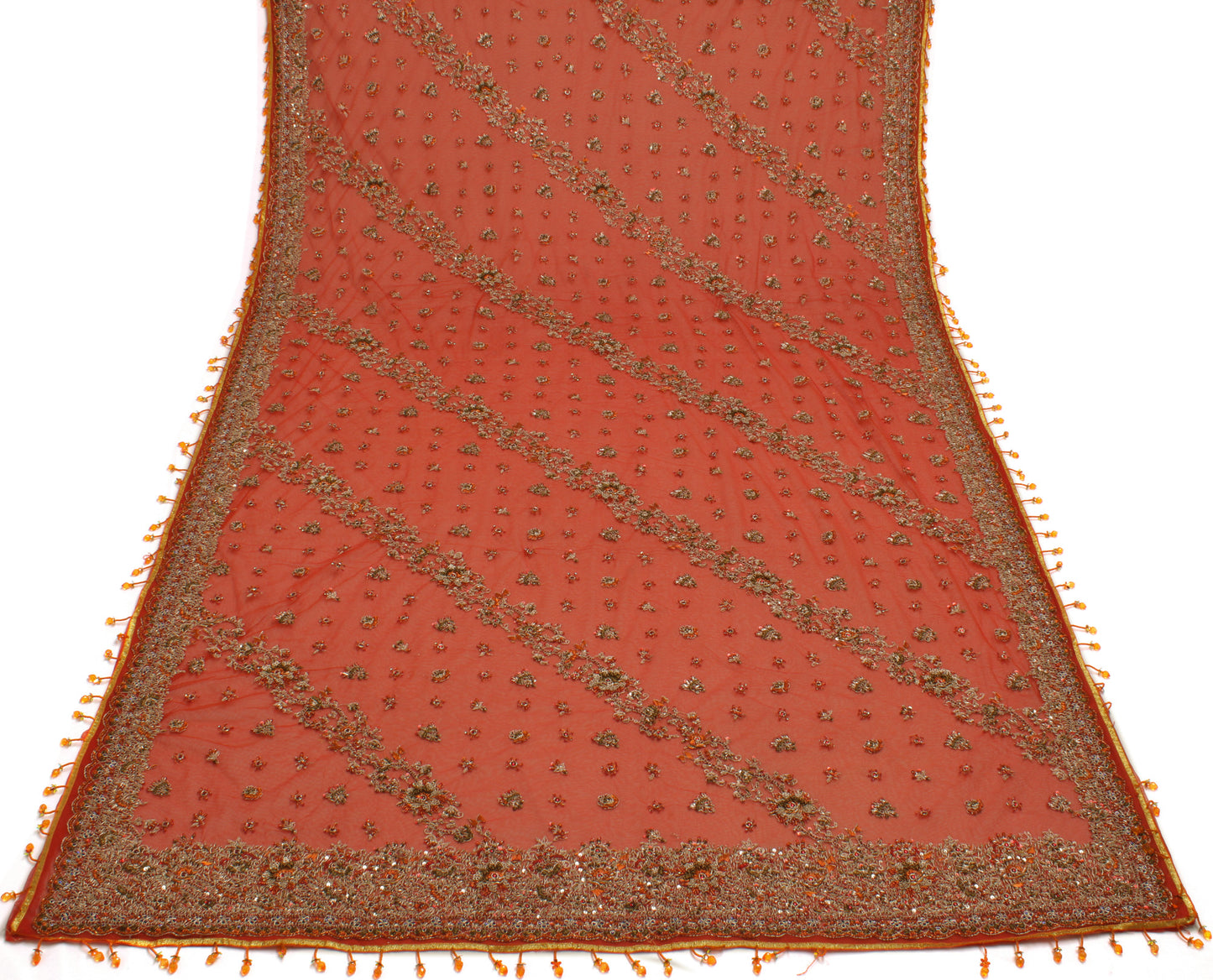 Sushila Vintage Orange Heavy Dupatta Net Mesh Hand Beaded Zardozi Long Stole