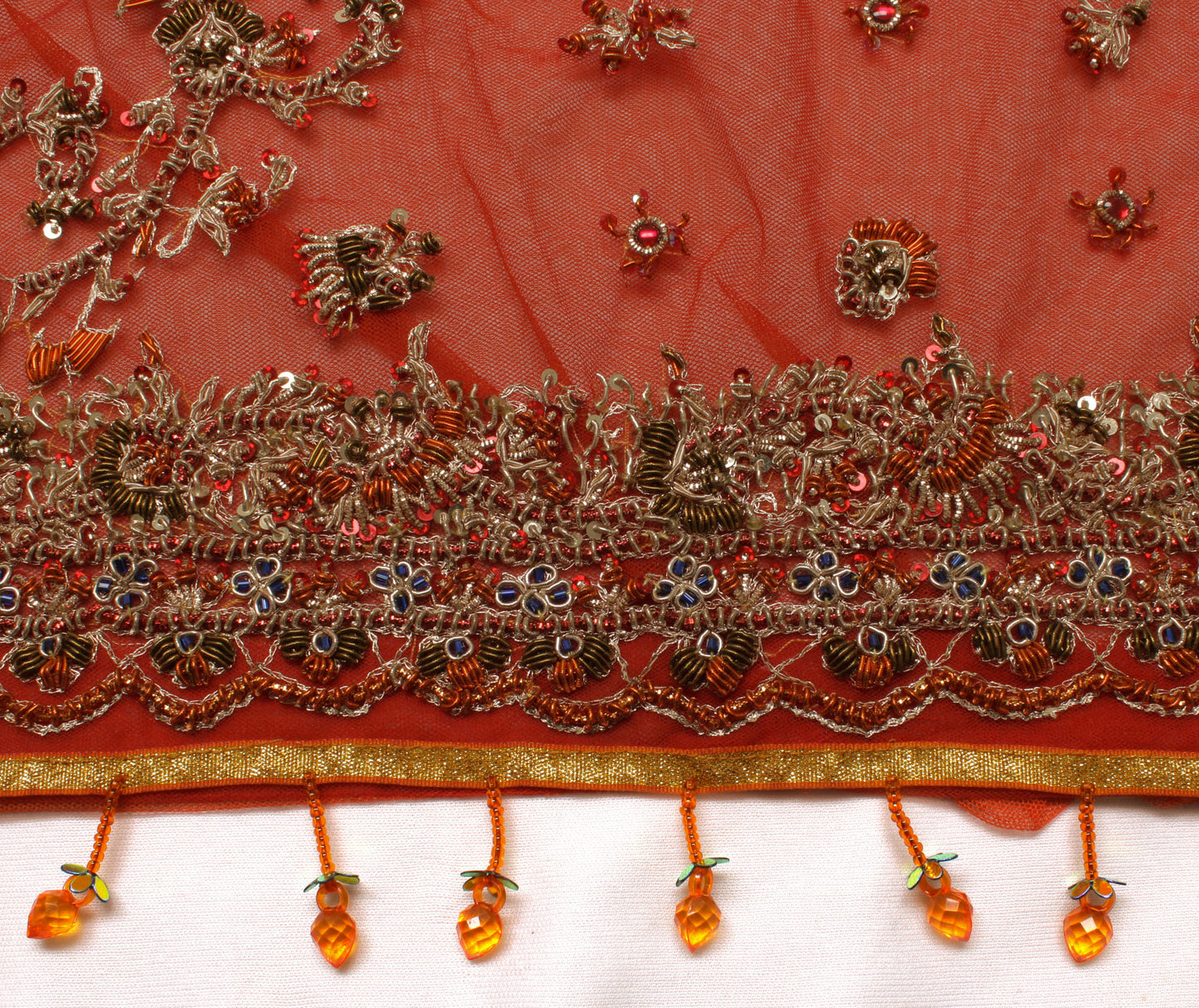 Sushila Vintage Orange Heavy Dupatta Net Mesh Hand Beaded Zardozi Long Stole