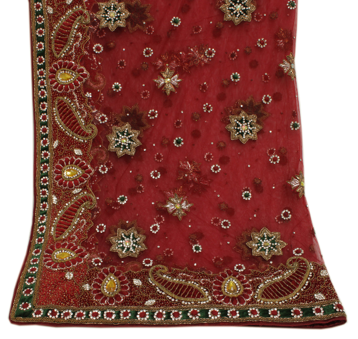 Sushila Vintage Maroon Heavy Dupatta Net Mesh Hand Beaded Long Stole Scarves